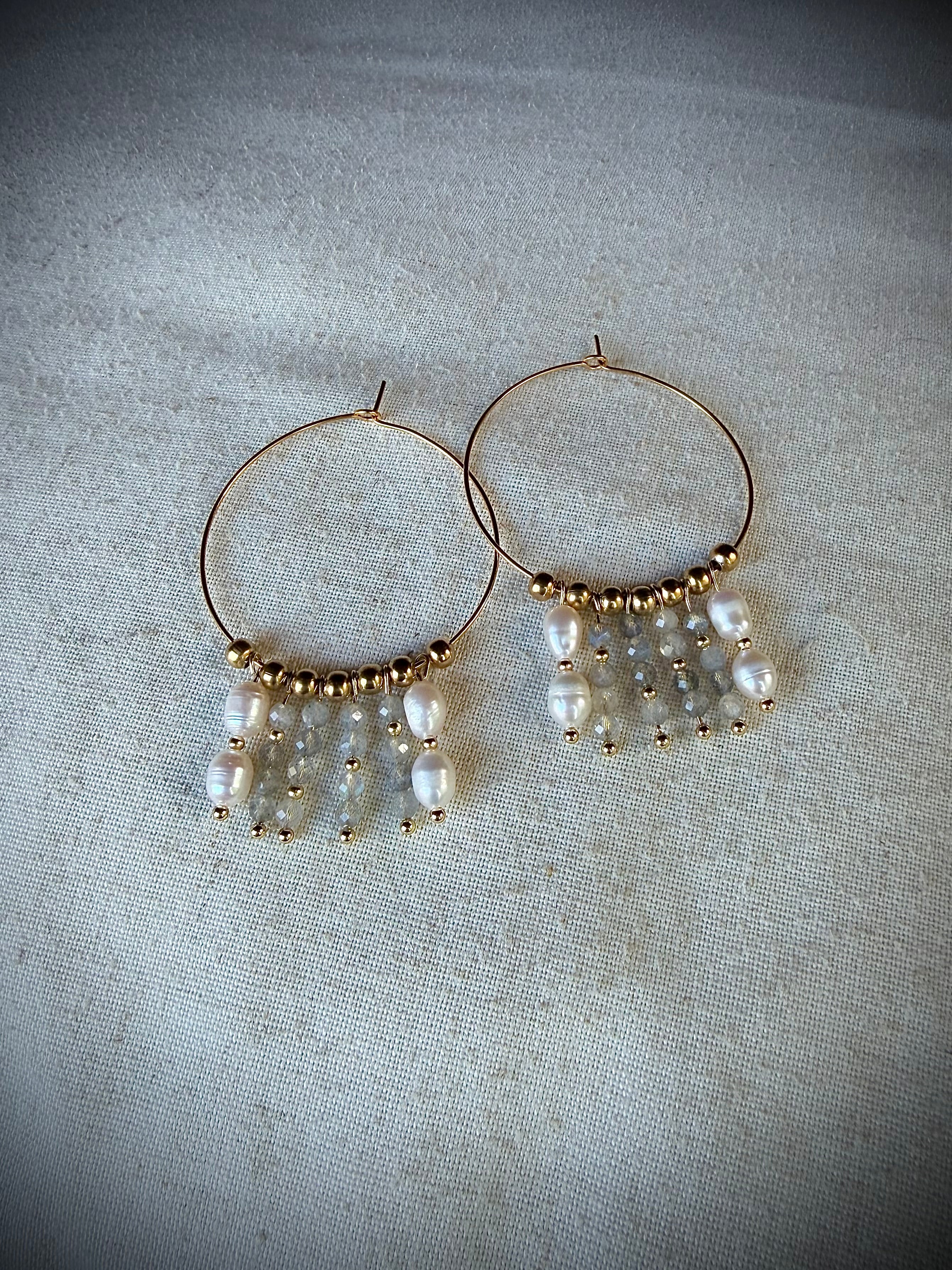 Boucles d’oreilles Lina – Perle d’eau douce et labradorite