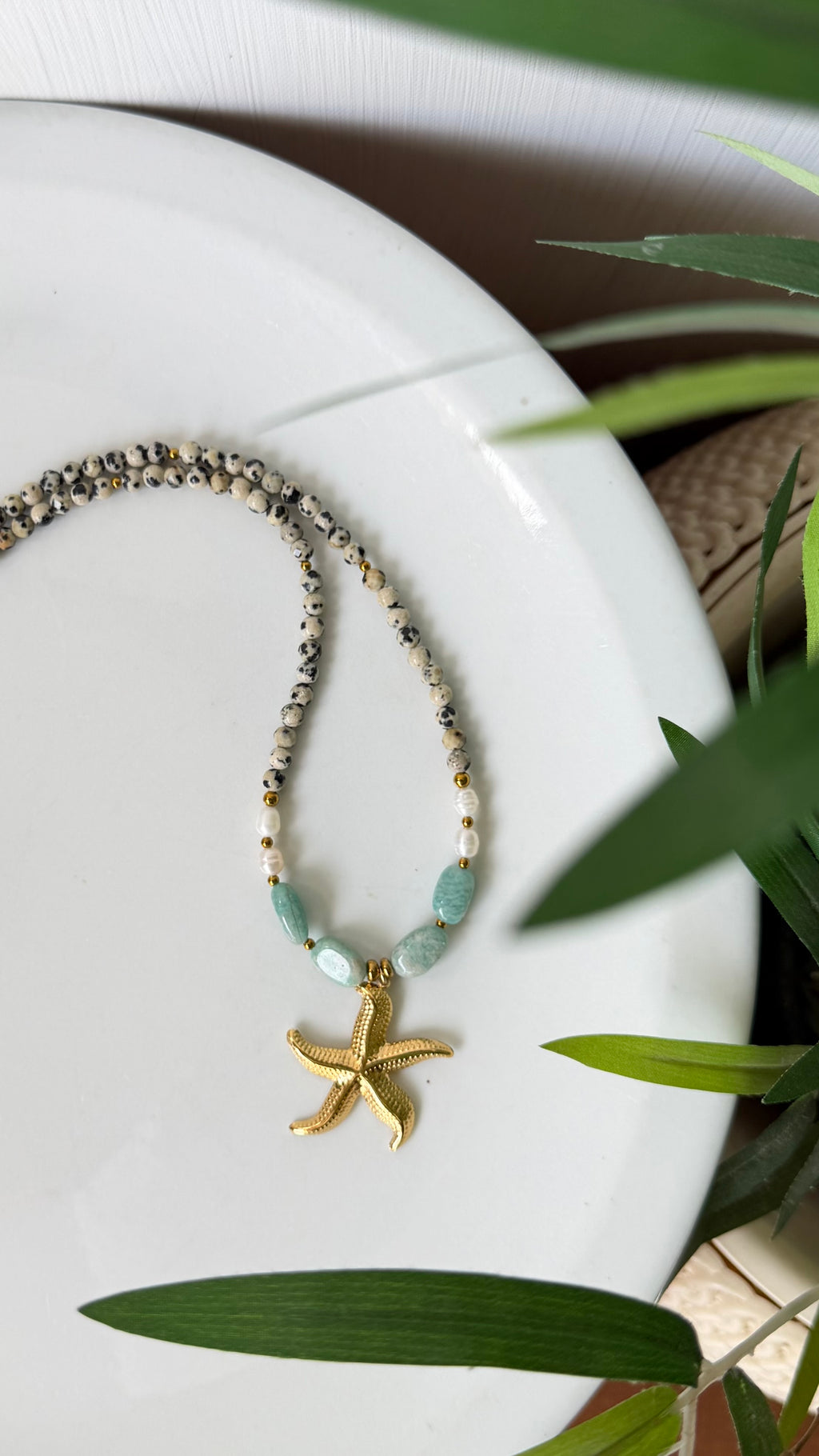 Collier Amazonite, Jaspe Dalmatien & Perles d’Eau Douce