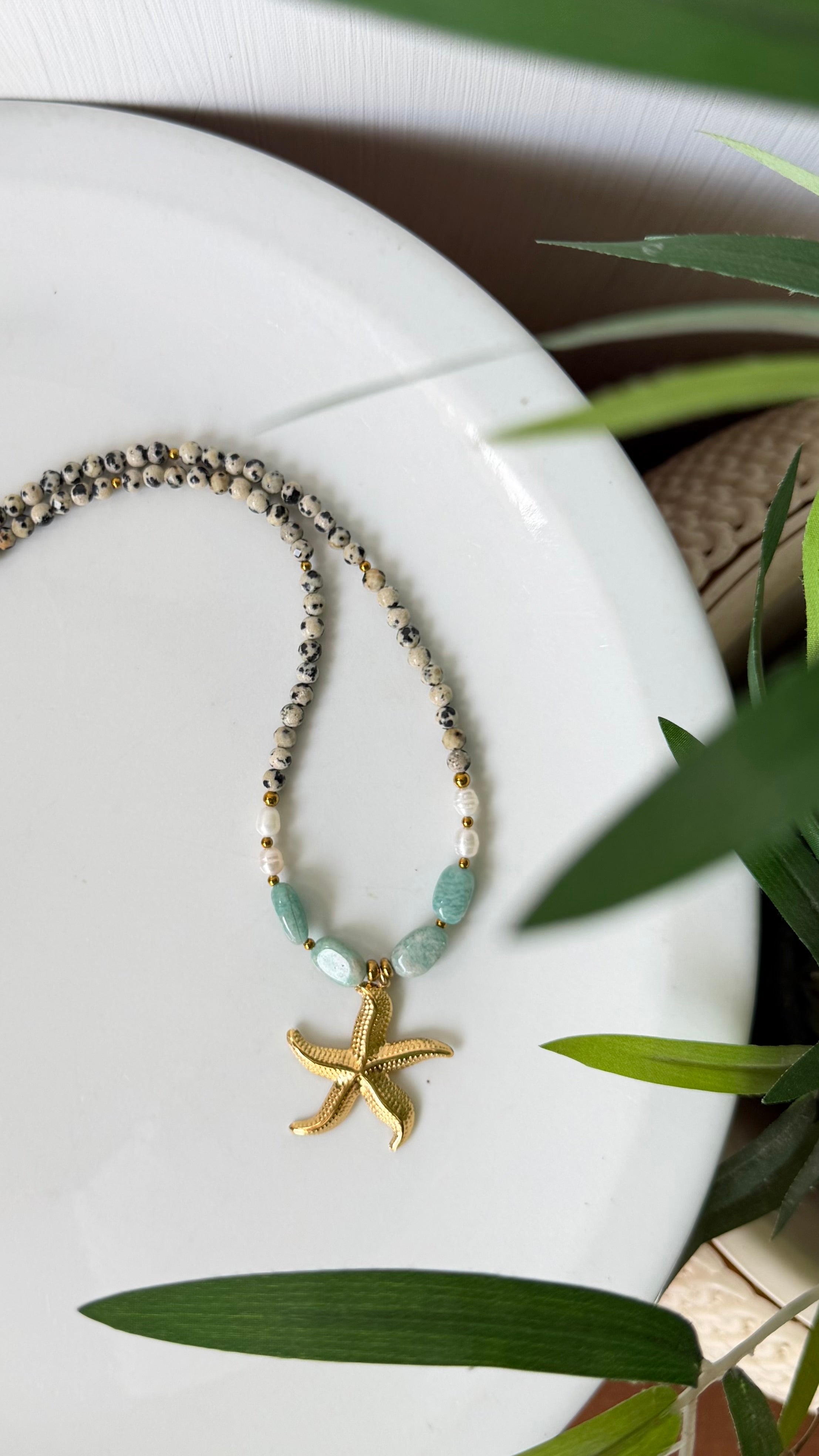 Collier Amazonite, Jaspe Dalmatien & Perles d’Eau Douce