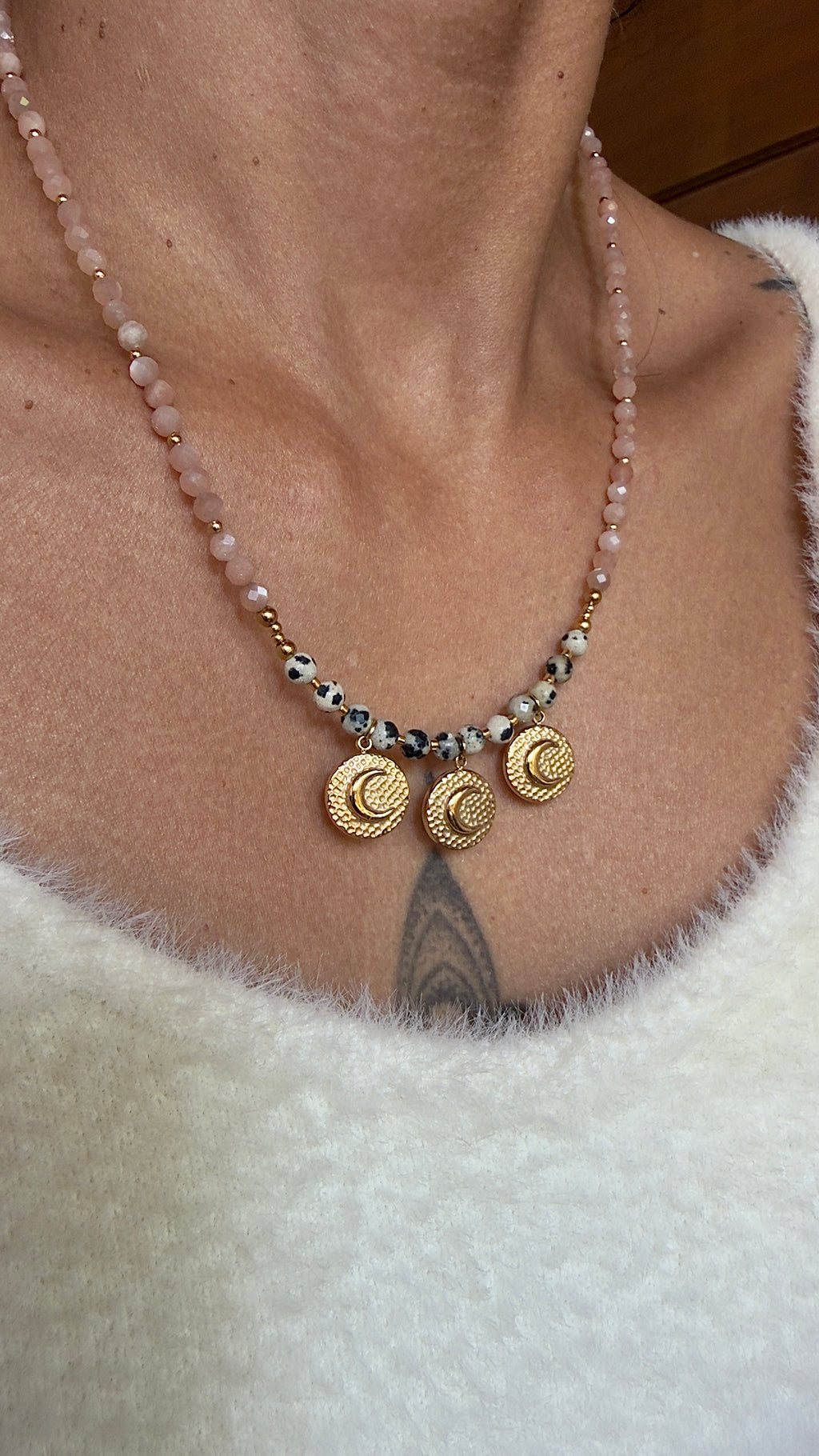 Collier Luna - Pierre de lune orange et jaspe dalmatien