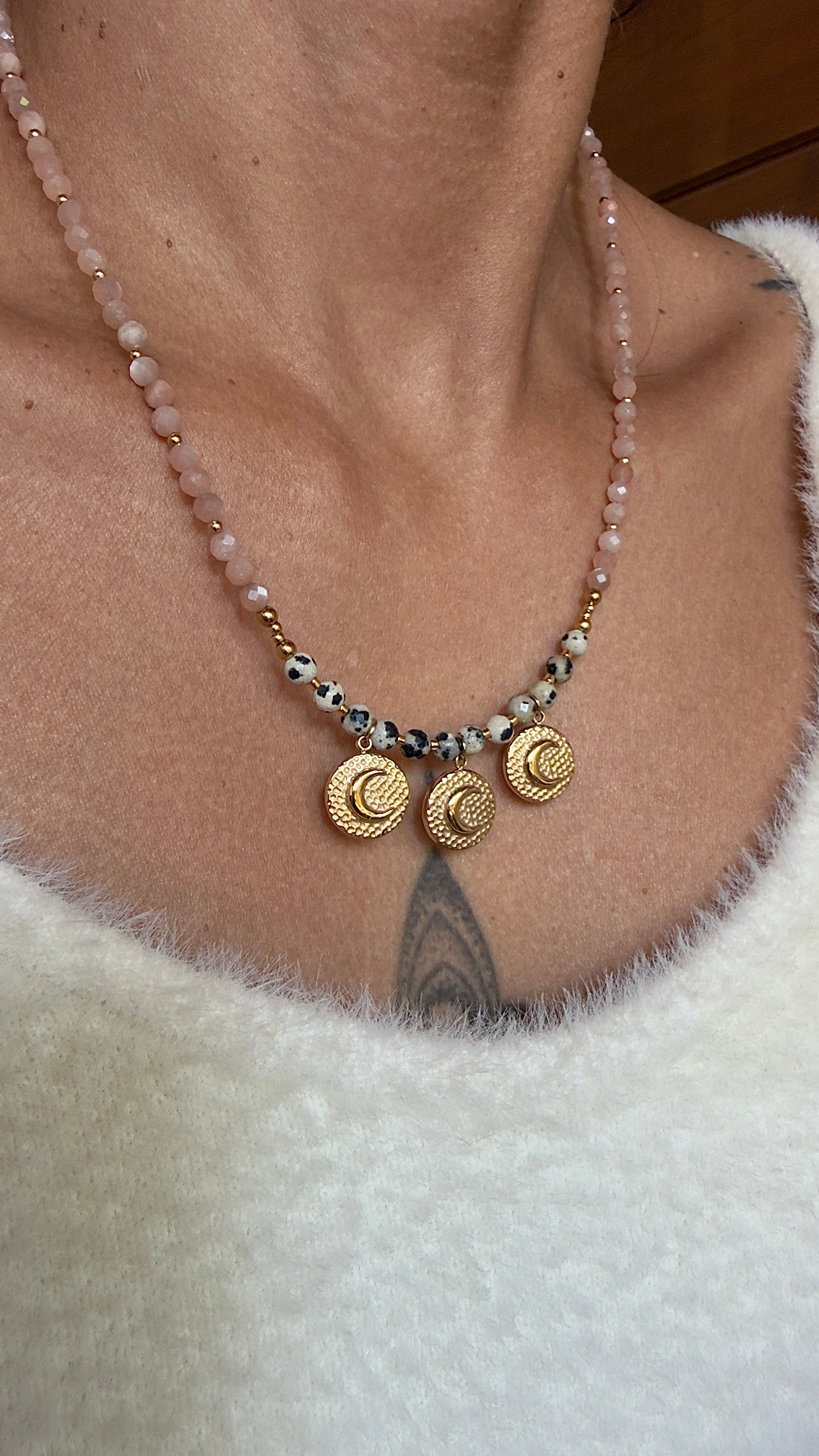 Collier Luna - Pierre de lune orange et jaspe dalmatien