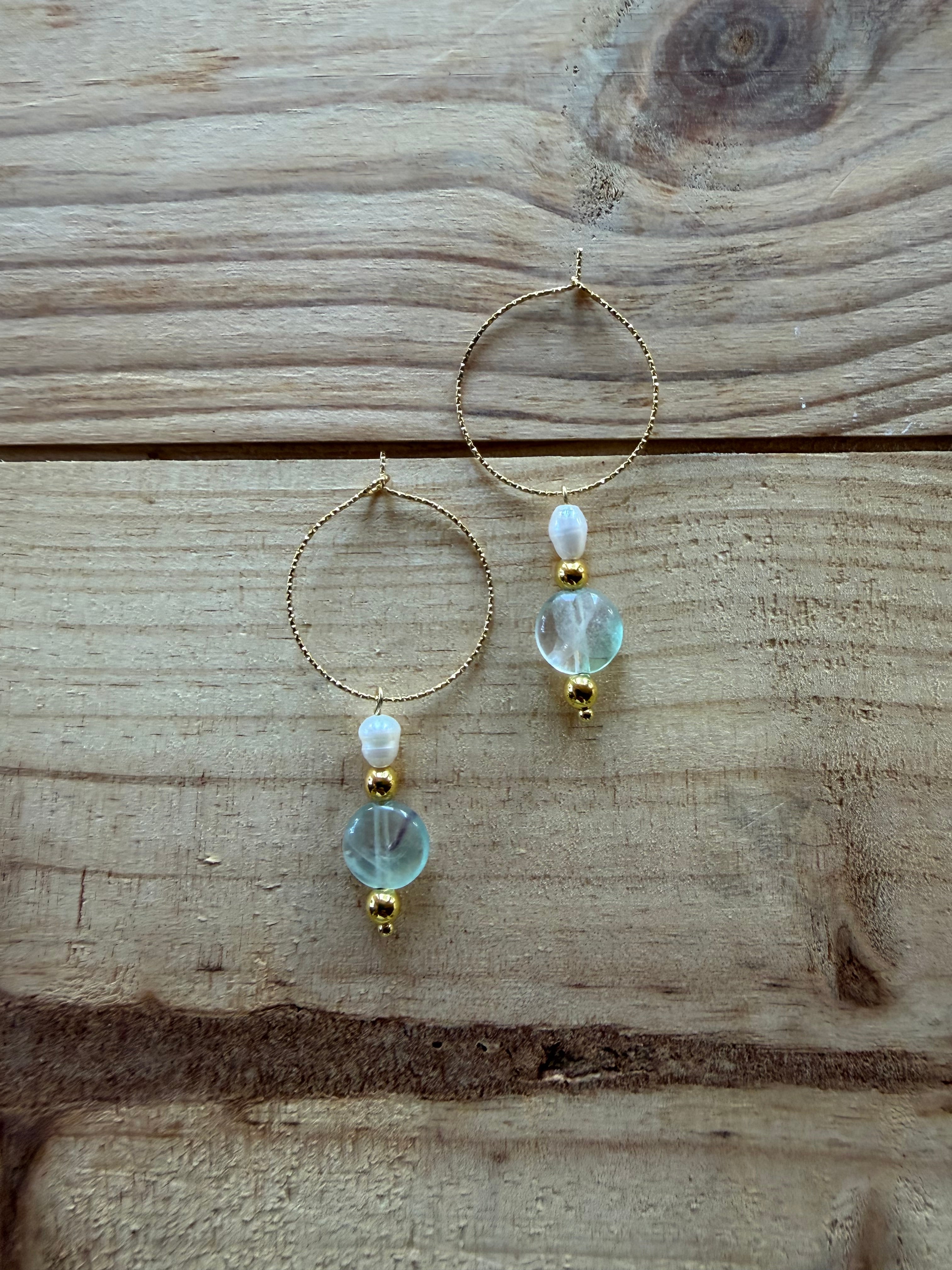 Boucles d’oreilles Fluorite, Hématite Dorée & Perle d’Eau Douce