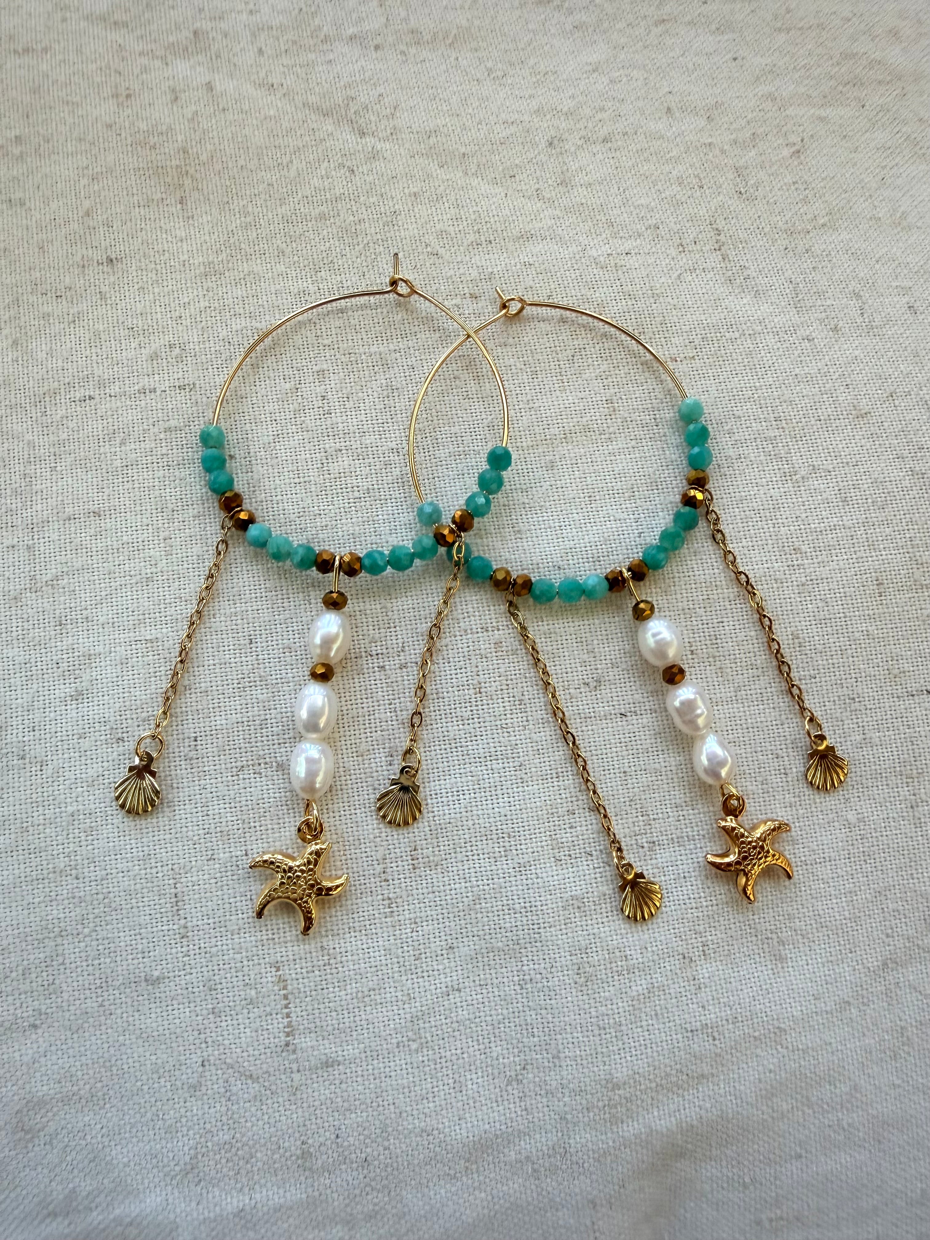 Boucles d’oreilles Caly-Amazonite naturelle, perle d’eau douce et acier inoxydable