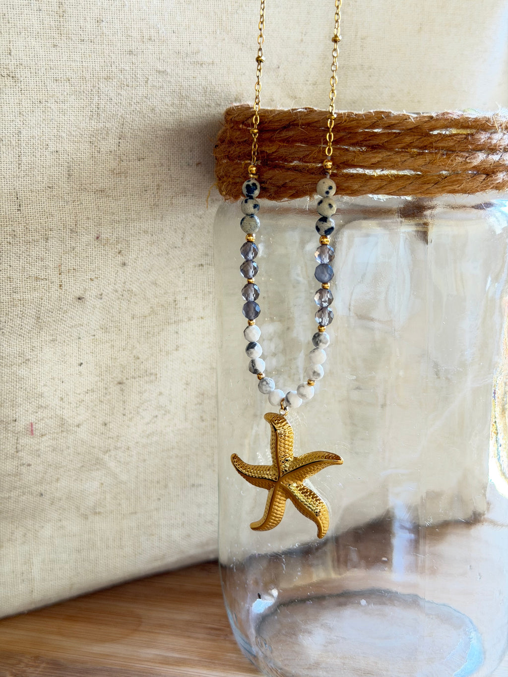 ✨ Collier Stella Marina – Jaspe Dalmatien, Howlite & Quartz Fumé