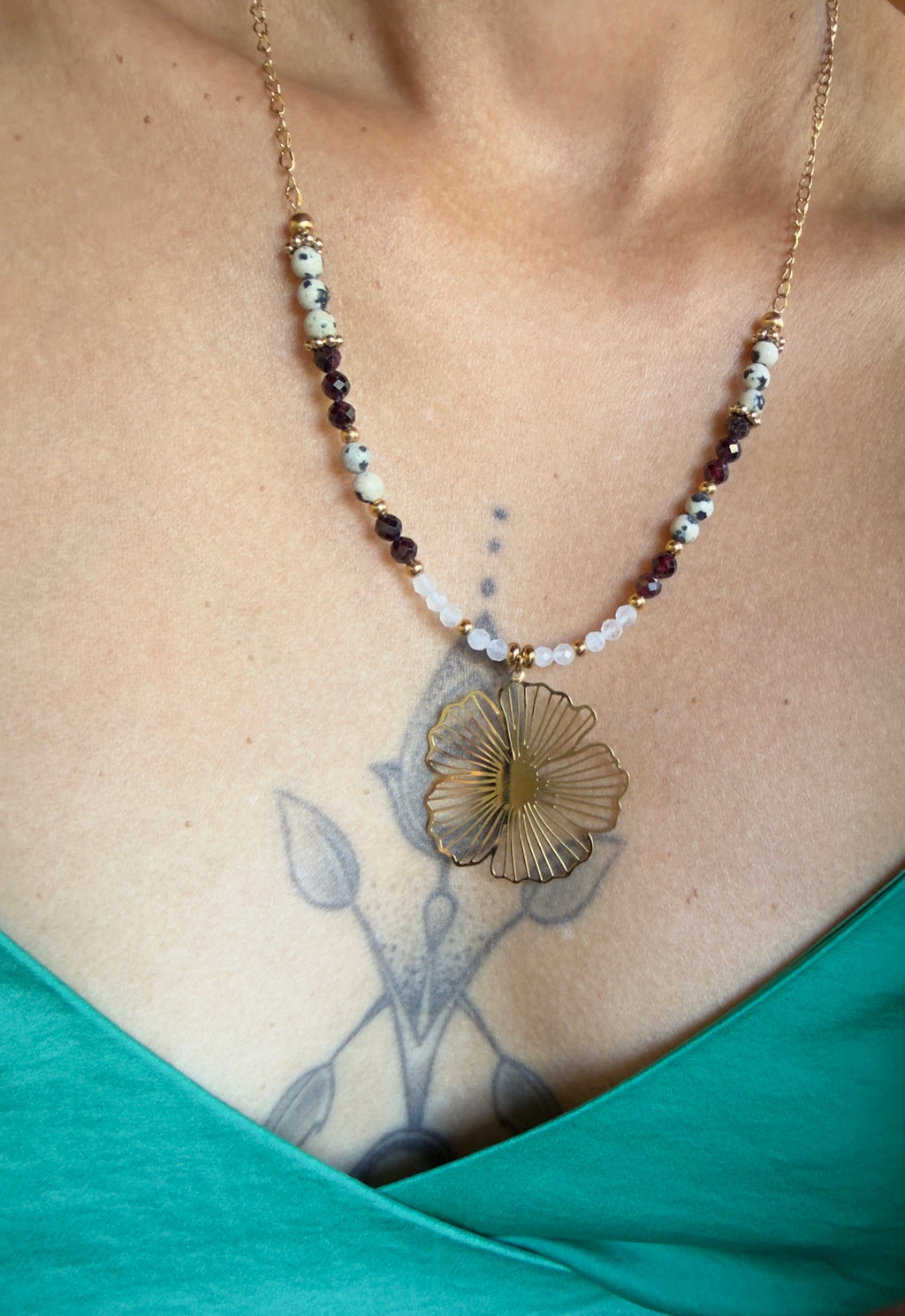 Collier Azélie - Grenat - Jaspe Dalmatien - Quartz Rose