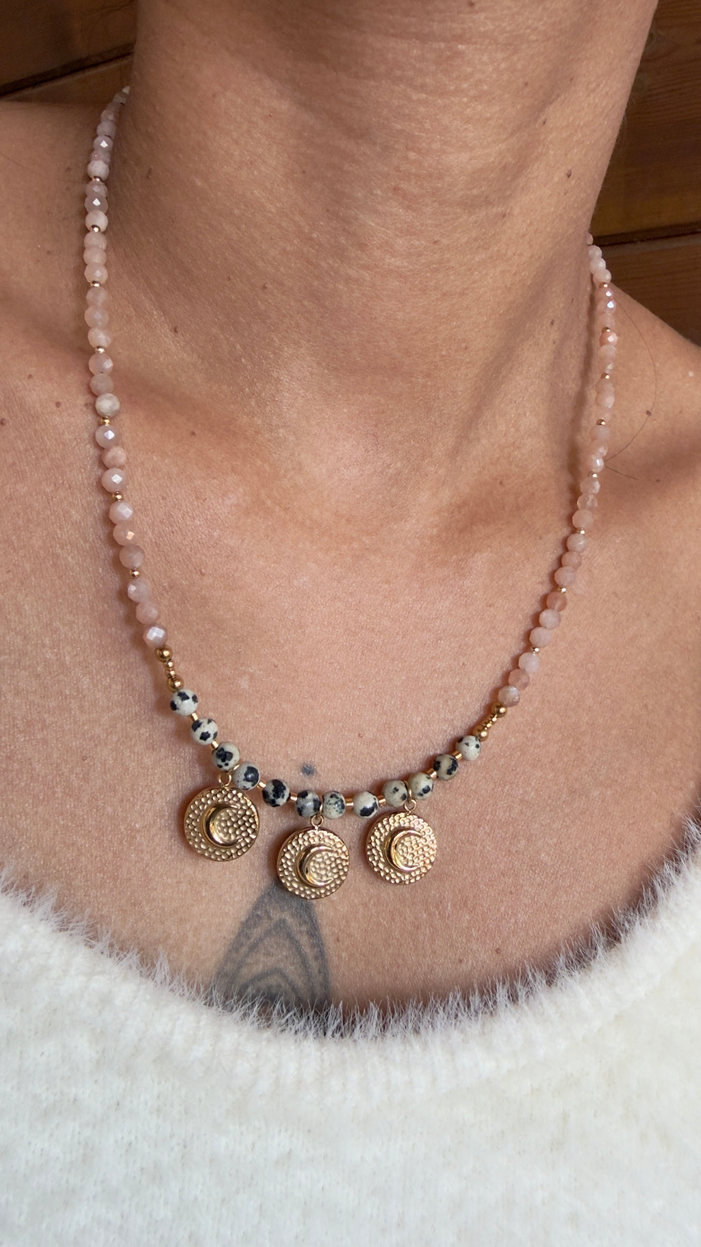 Collier Luna - Pierre de lune orange et jaspe dalmatien