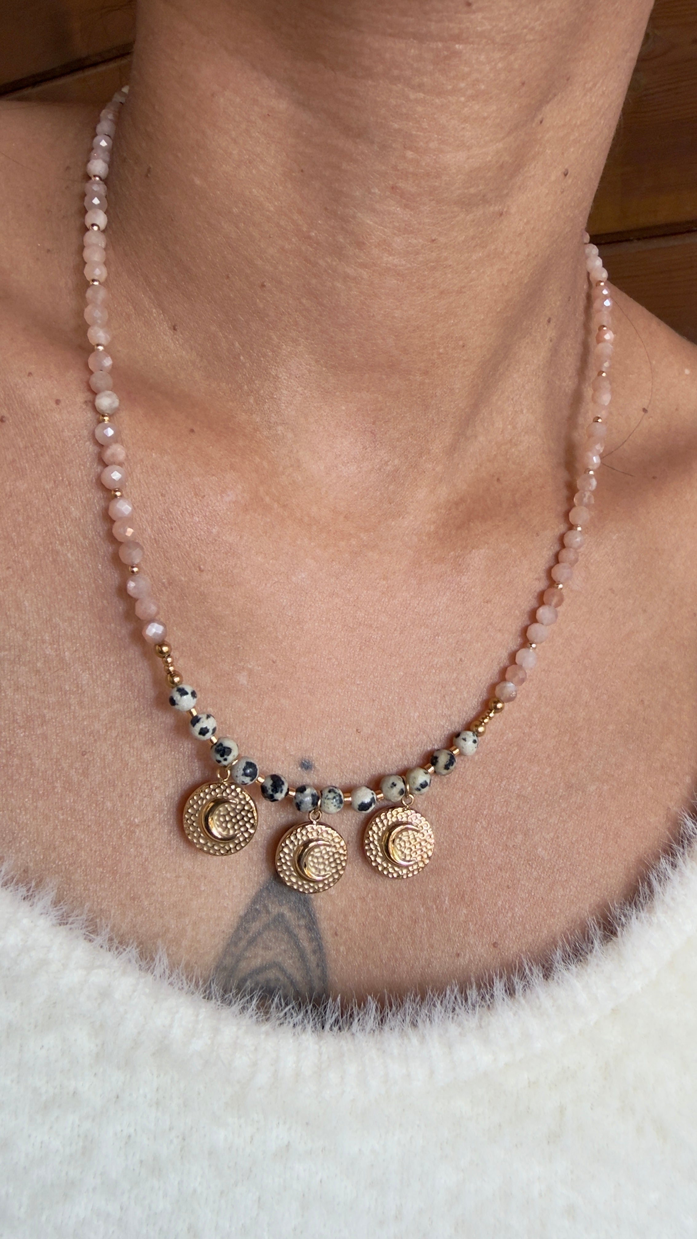 Collier Luna - Pierre de lune orange et jaspe dalmatien