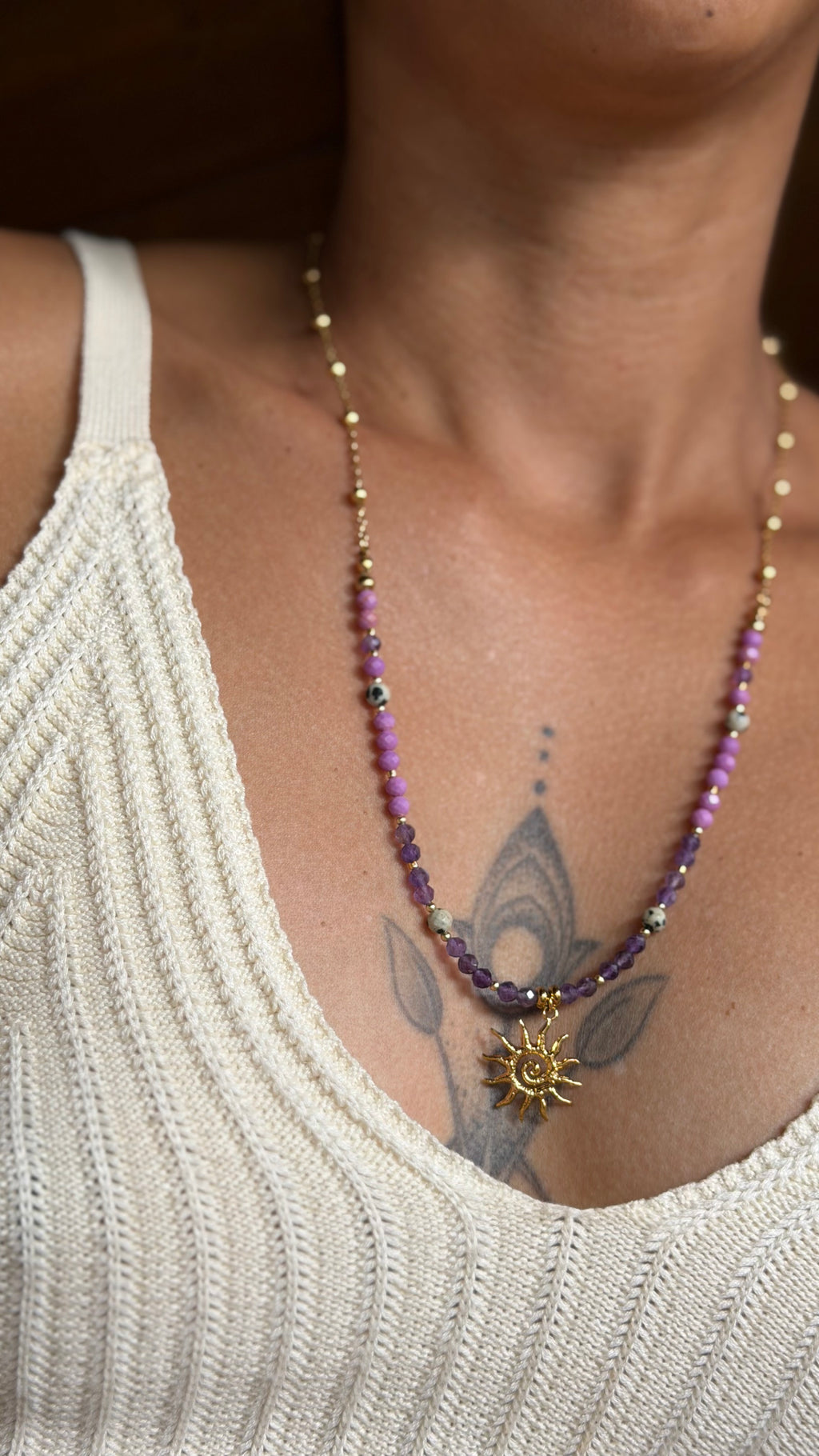 Collier Aura Solaire – Améthyste, phosphosidérite et jaspe dalmatien