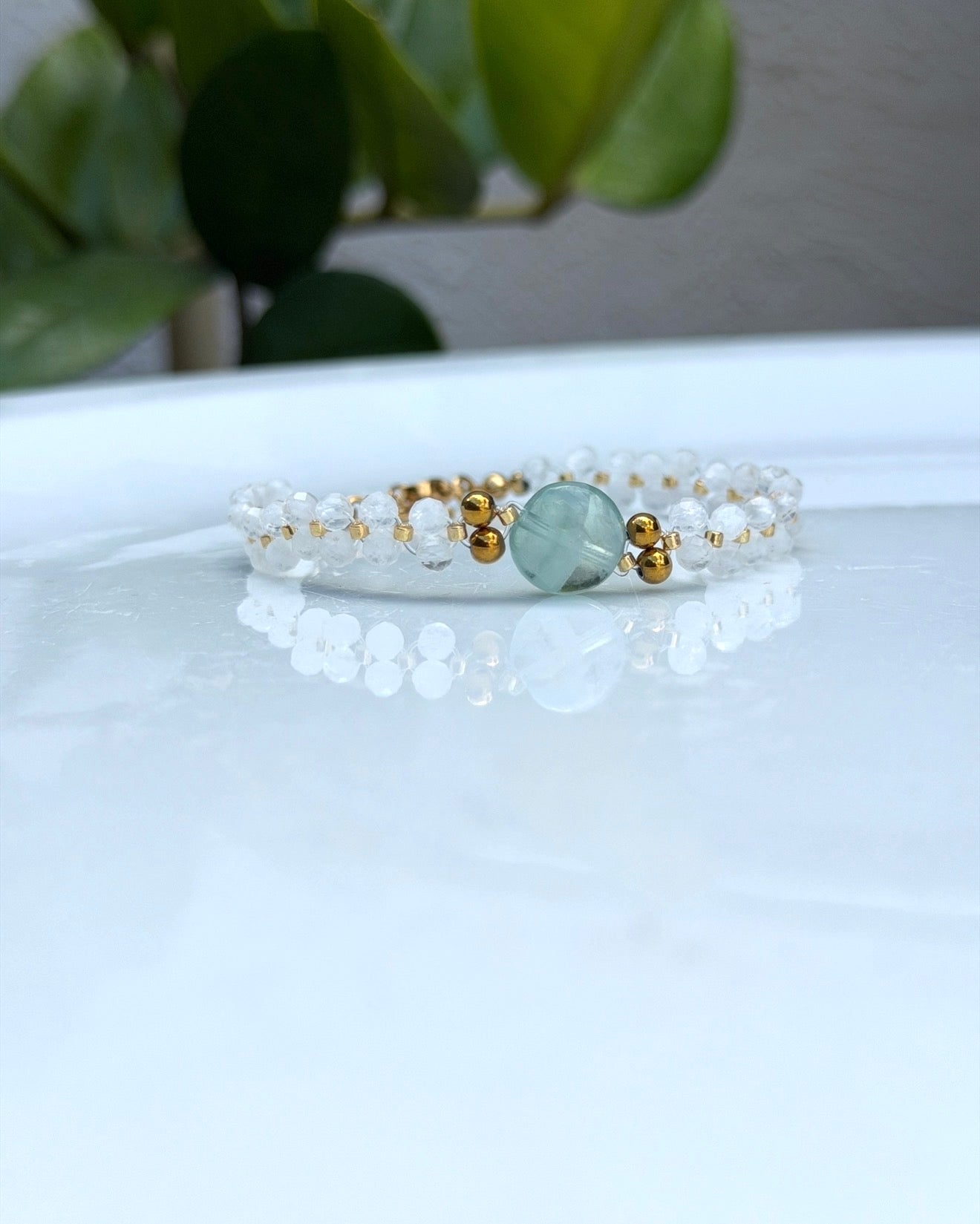 Bracelet Pierre de lune, Fluorite & Hématite Dorée