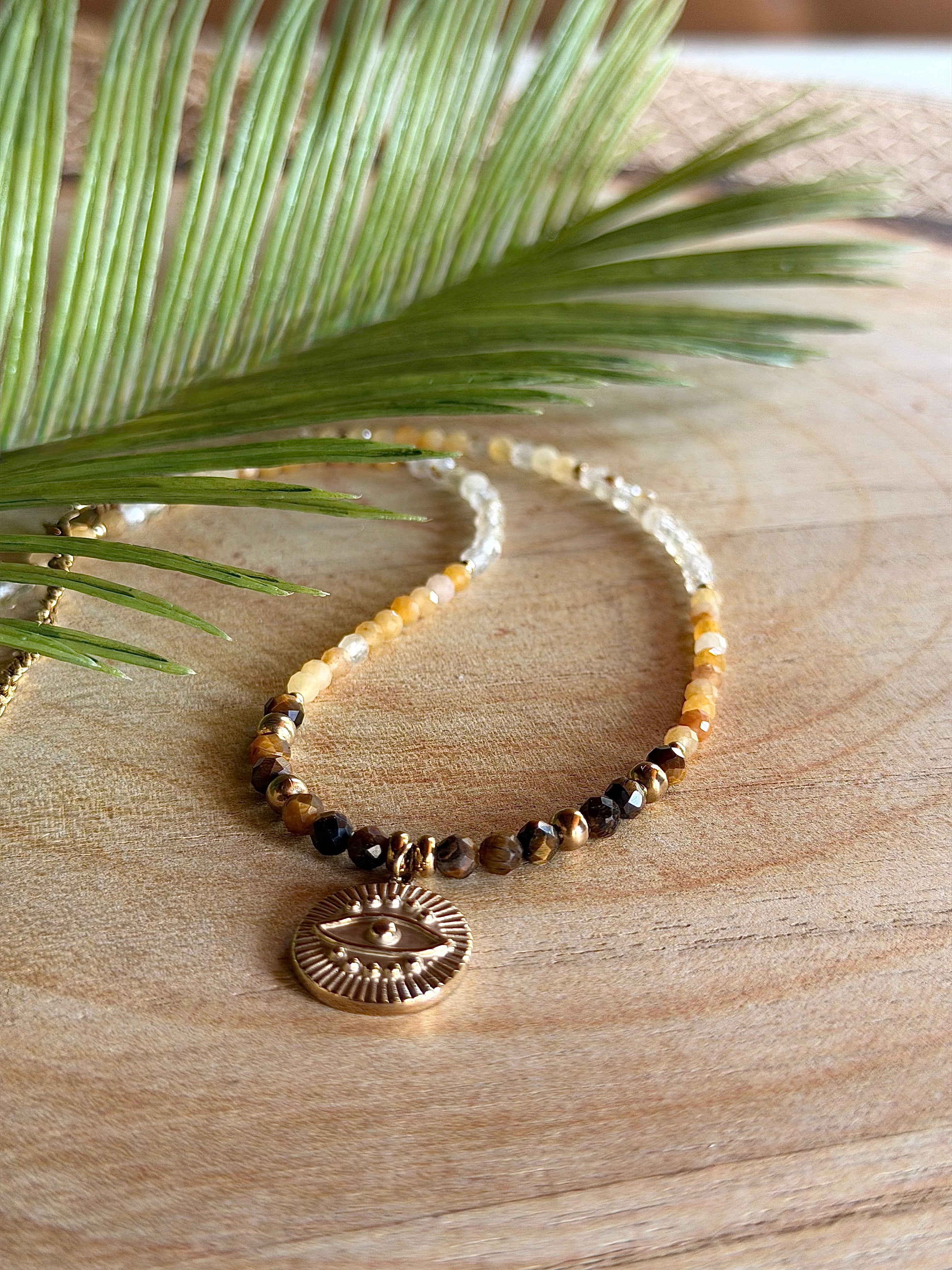 Chaîne de taille talisman – Aventurine jaune, quartz rutile et œil de tigre