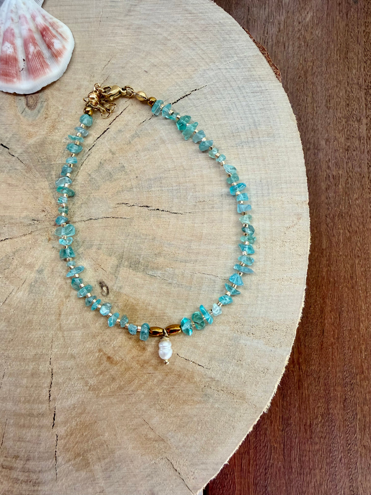 Chaîne de Cheville Apatite Bleue & Perle d’Eau Douce