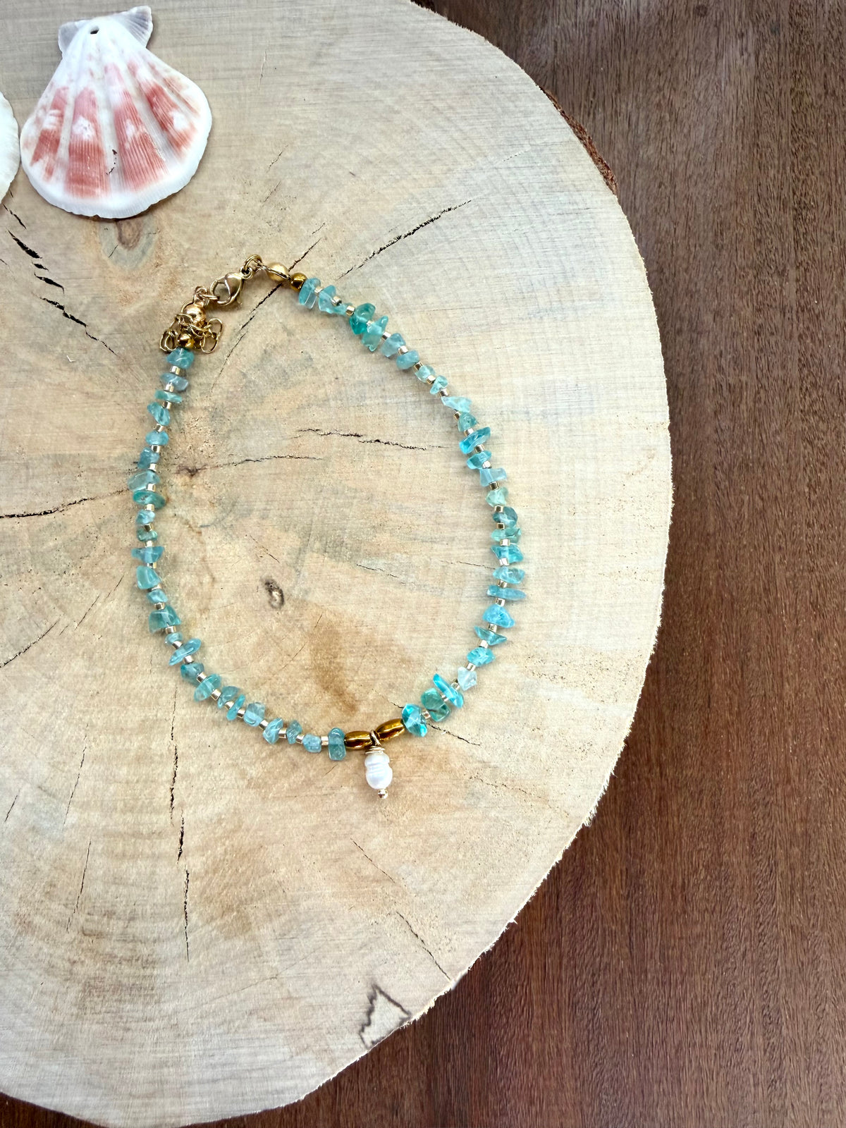 Chaîne de Cheville Apatite Bleue & Perle d’Eau Douce