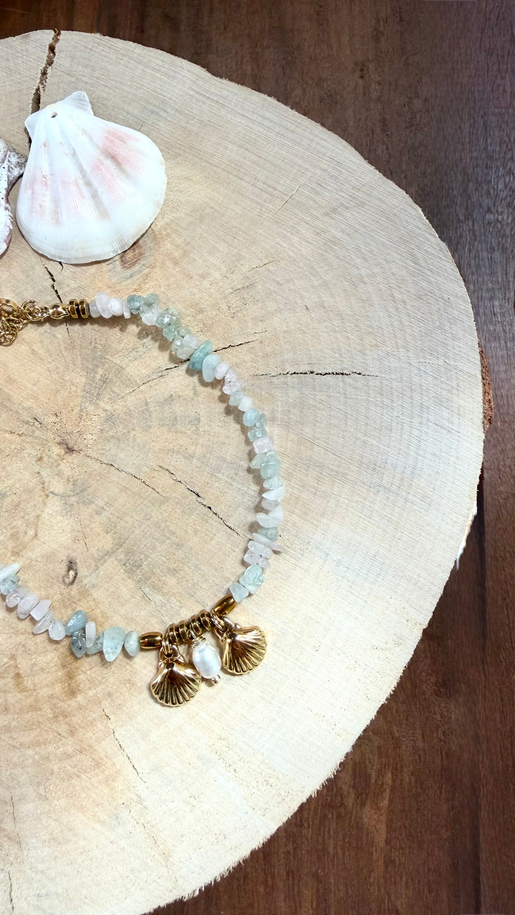 Chaîne de Cheville Morganite, Coquillages & Perle d’Eau Douce