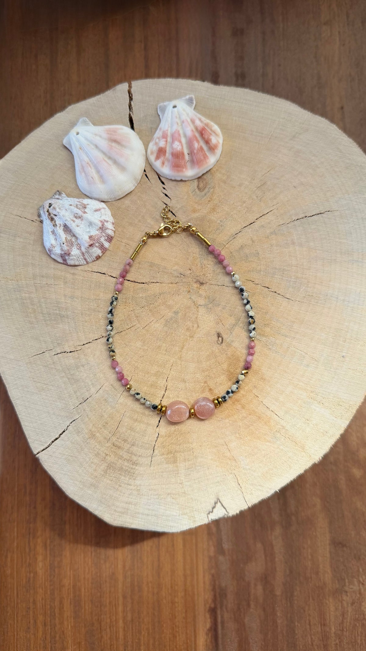 Chaîne de Cheville Pierre de Lune Orange, Rhodonite & Jaspe Dalmatien
