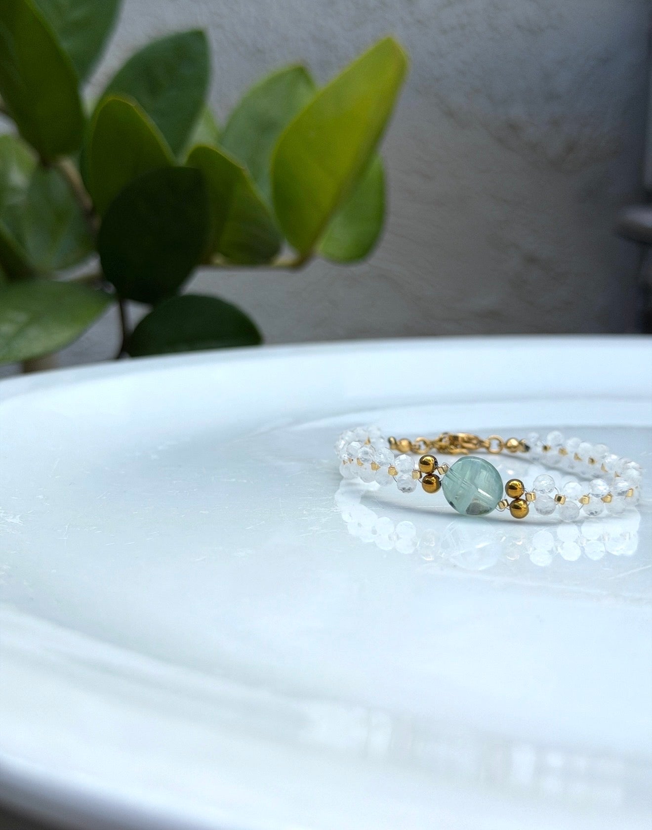 Bracelet Pierre de lune, Fluorite & Hématite Dorée