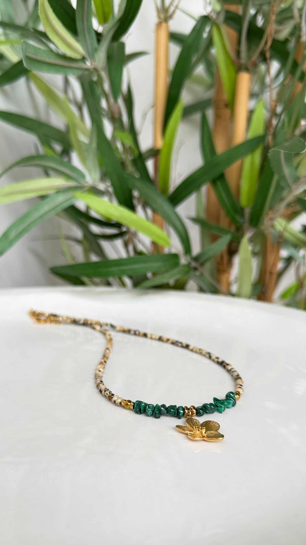 Collier Malachite & Jaspe Dalmatien – Mini Fleur