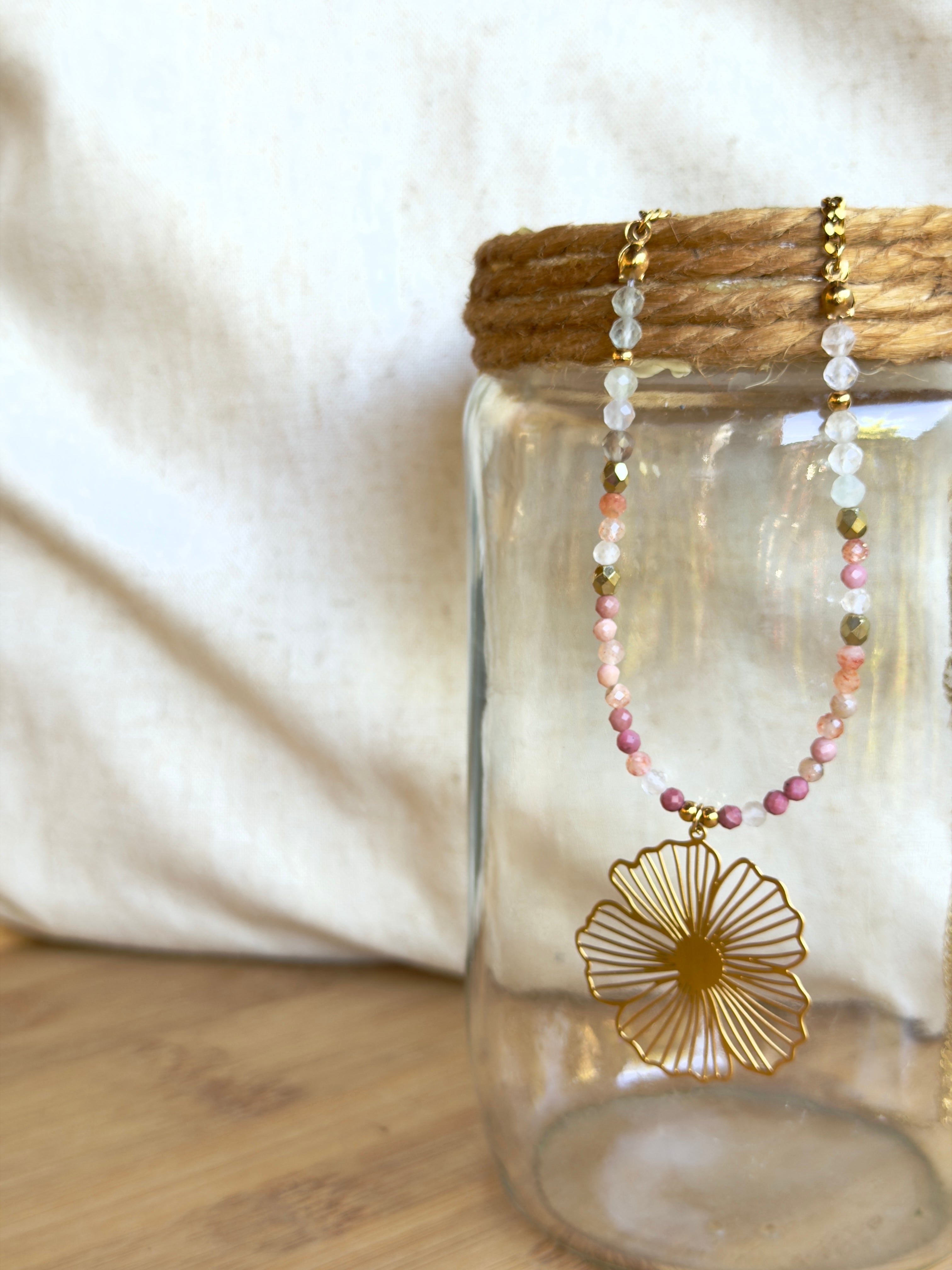 Sautoir Floria - Rhodonite-Pierre du Soleil- Fluorite