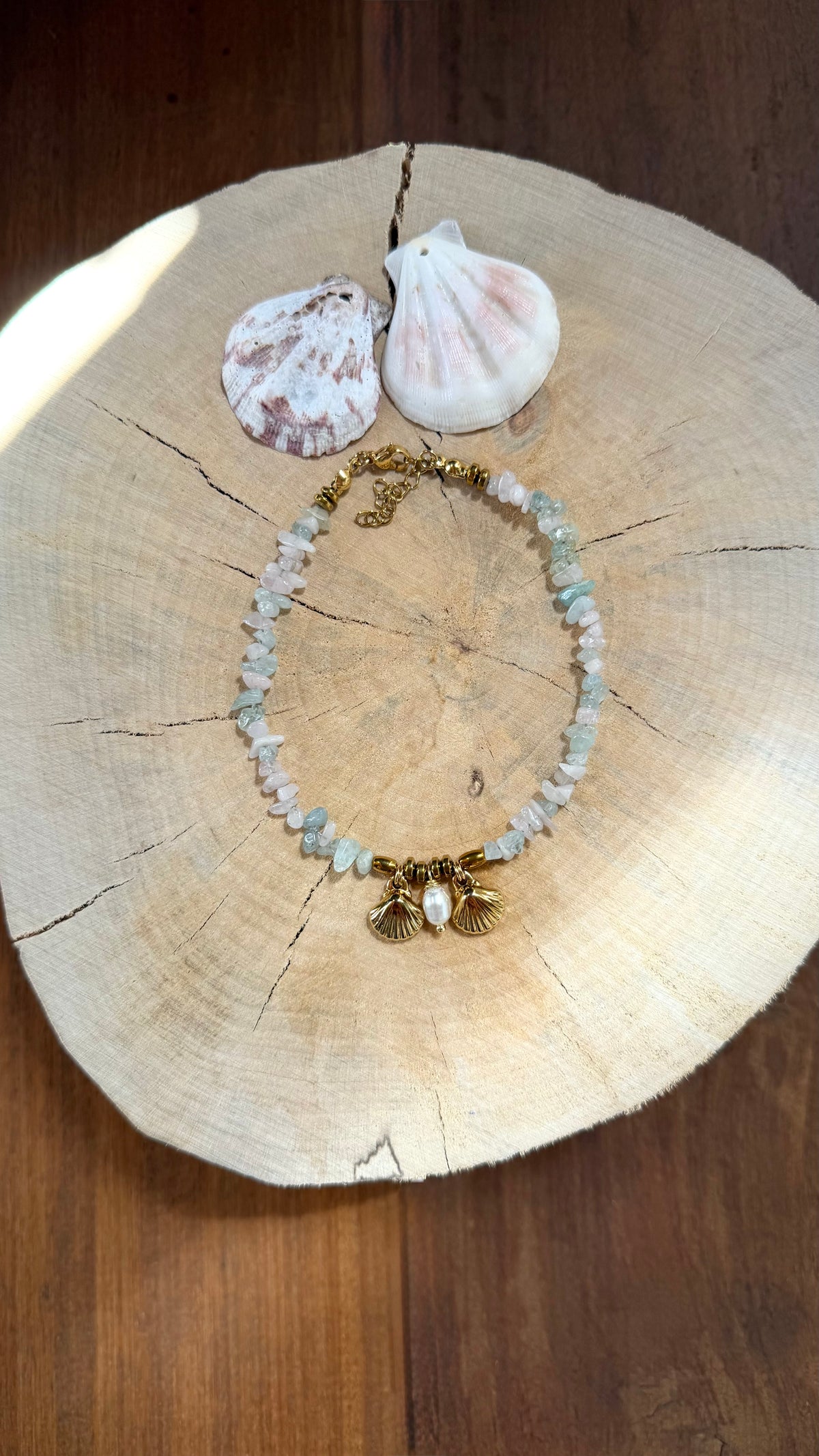 Chaîne de Cheville Morganite, Coquillages & Perle d’Eau Douce