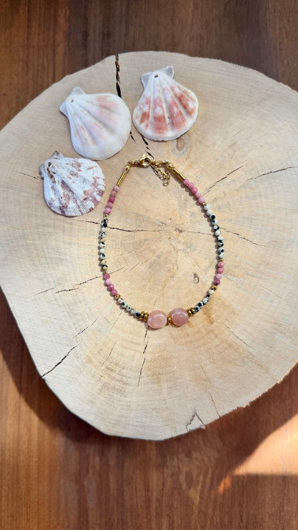 Chaîne de Cheville Pierre de Lune Orange, Rhodonite & Jaspe Dalmatien