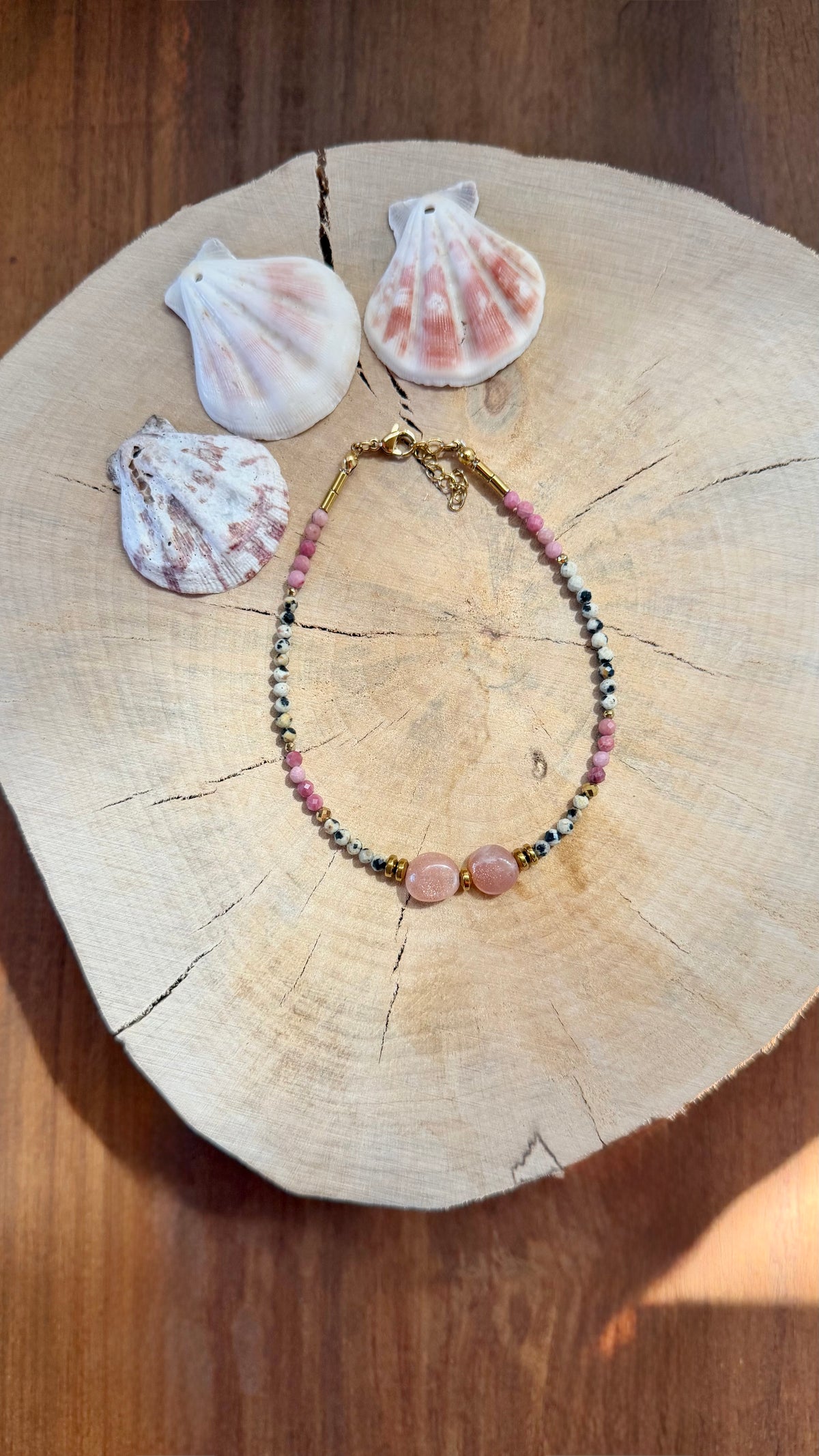 Chaîne de Cheville Pierre de Lune Orange, Rhodonite & Jaspe Dalmatien