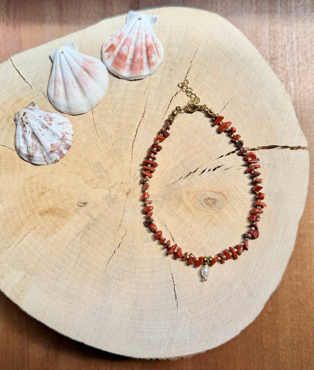 Chaîne de Cheville Jaspe Rouge & Perles d’Eau Douce
