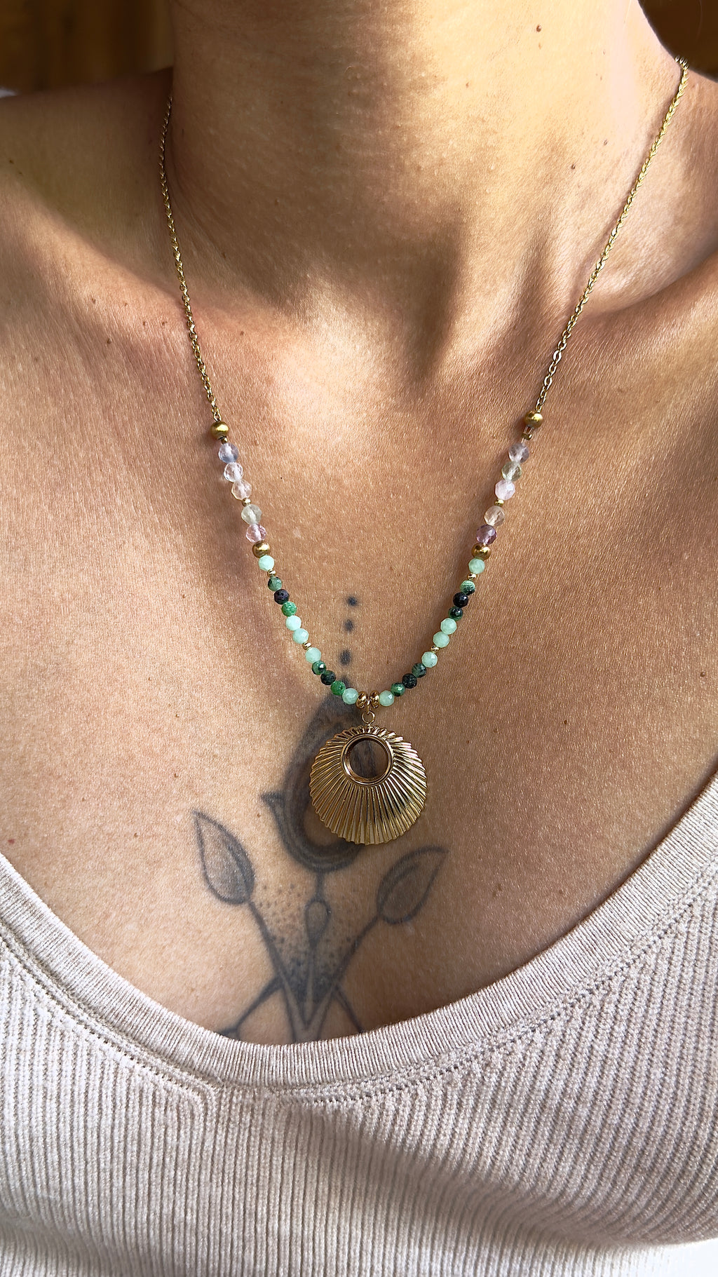 Collier Luma – Zoïsite, jade et fluorine