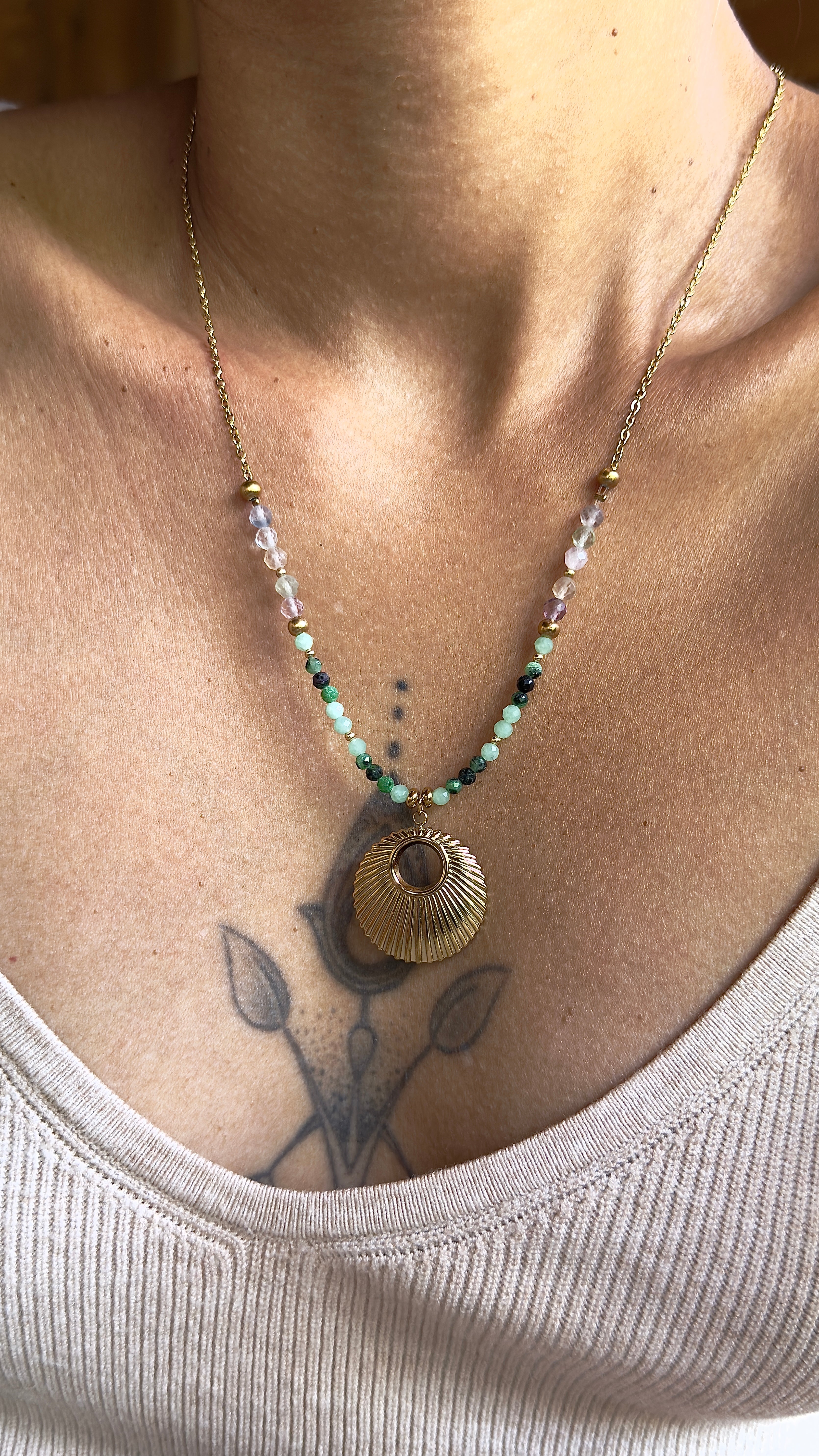 Collier Luma – Zoïsite, jade et fluorine
