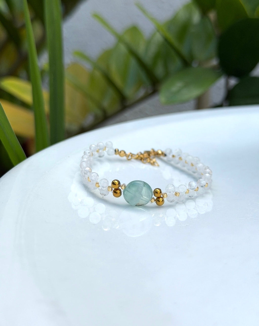 Bracelet Pierre de lune, Fluorite & Hématite Dorée