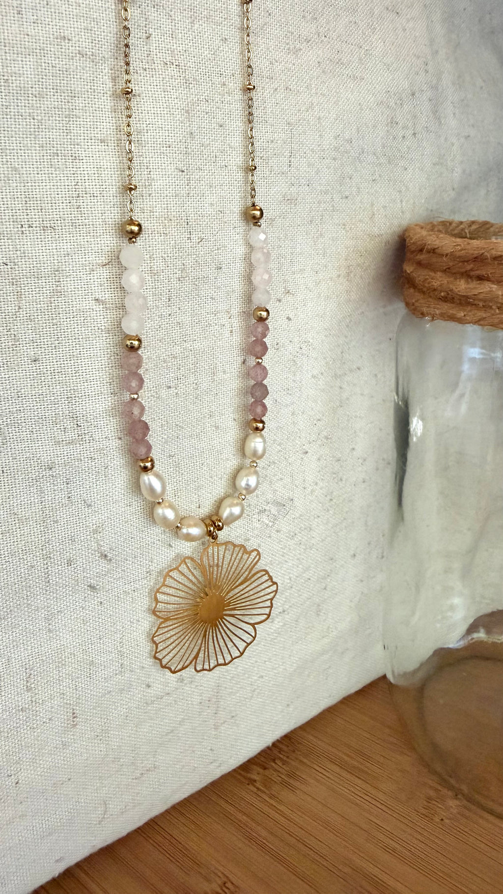 🌸 Collier Éloria - Quartz rose - Quartz Fraise - Perles d'eau douce