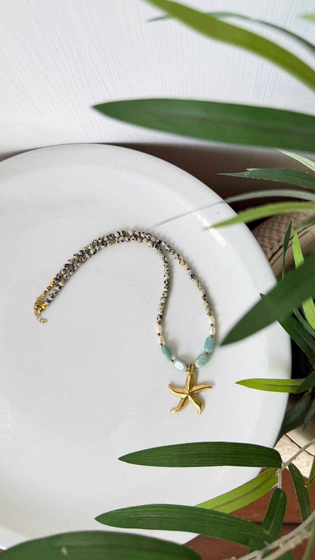 Collier Amazonite, Jaspe Dalmatien & Perles d’Eau Douce