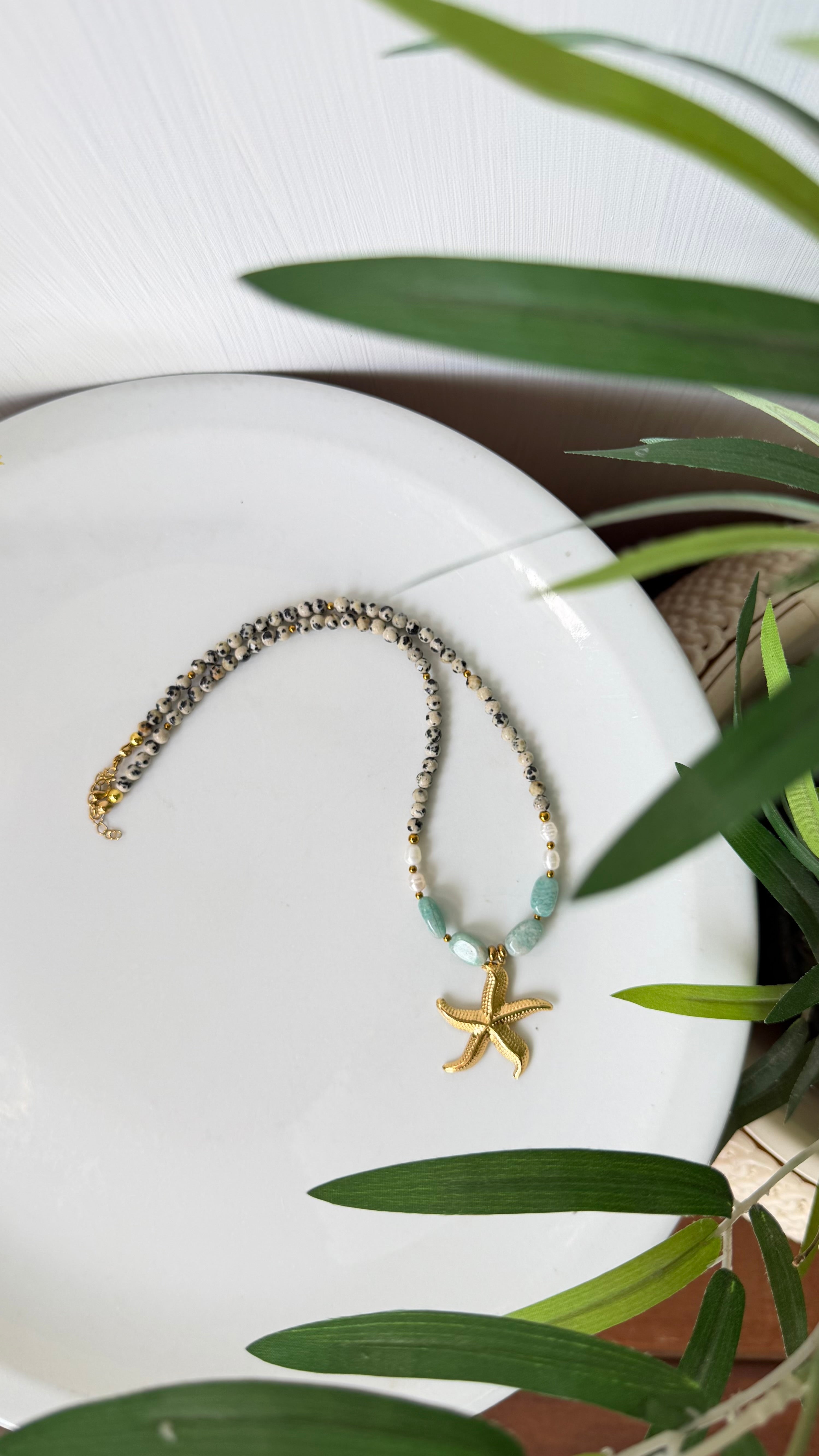 Collier Amazonite, Jaspe Dalmatien & Perles d’Eau Douce