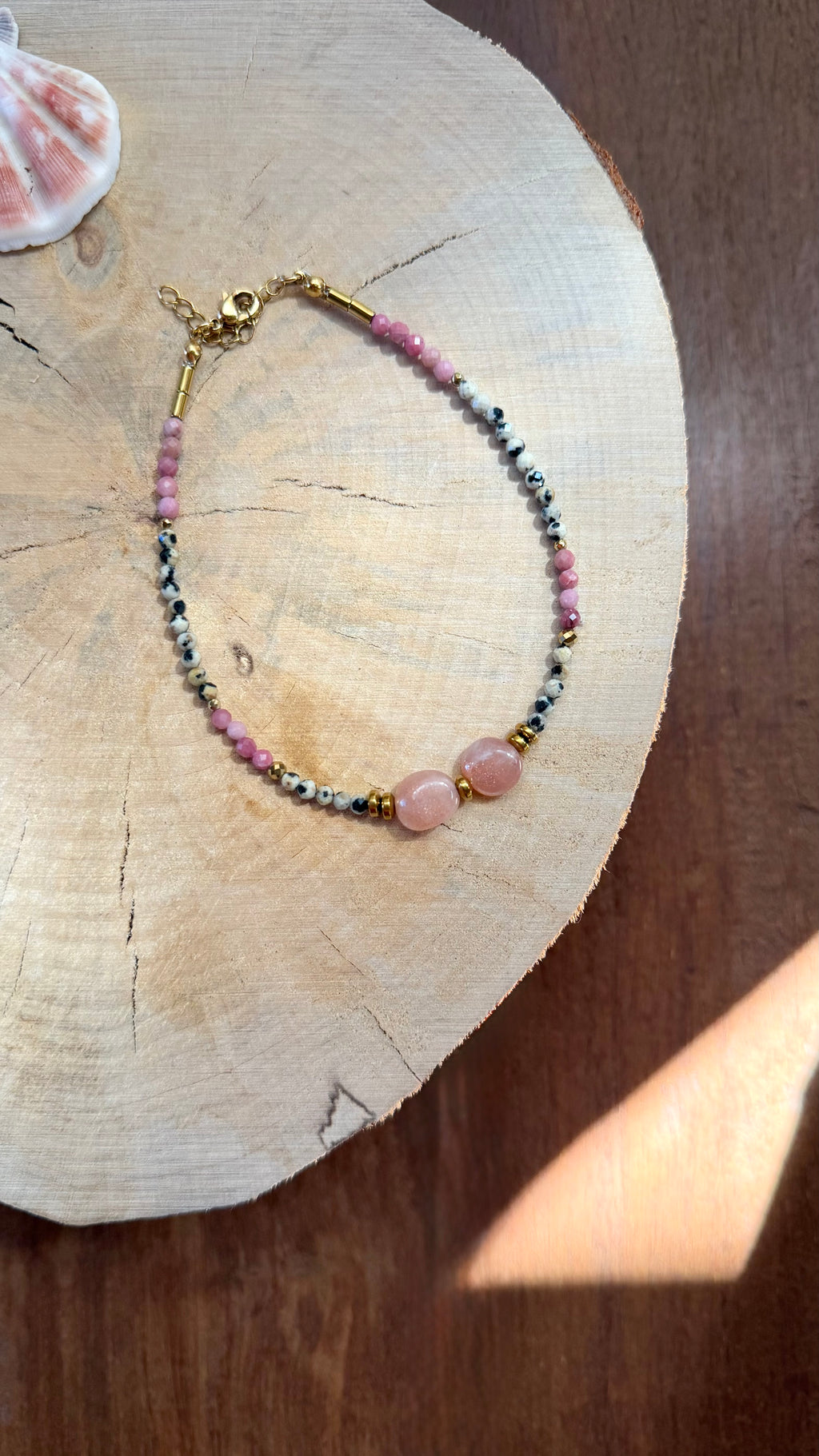 Chaîne de Cheville Pierre de Lune Orange, Rhodonite & Jaspe Dalmatien