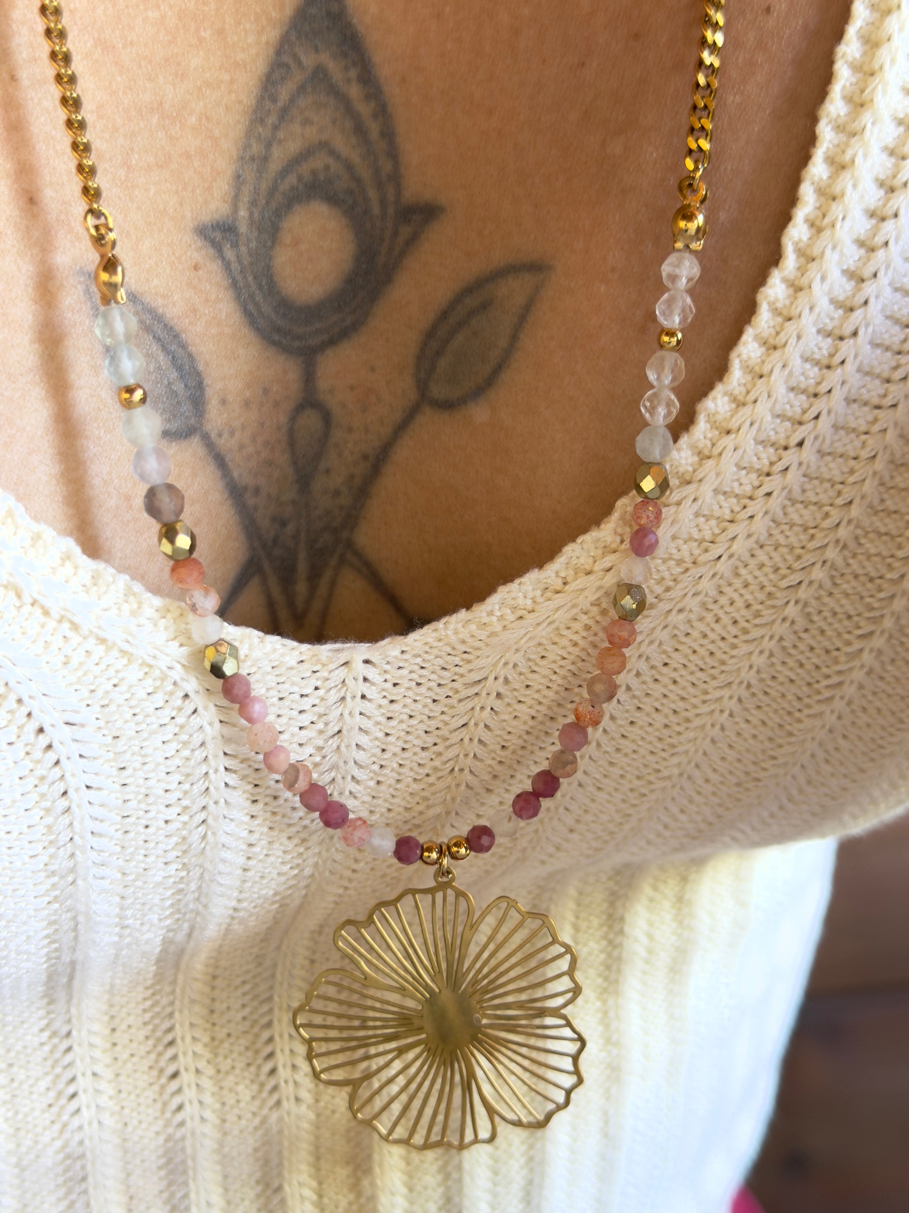 Sautoir Floria - Rhodonite-Pierre du Soleil- Fluorite