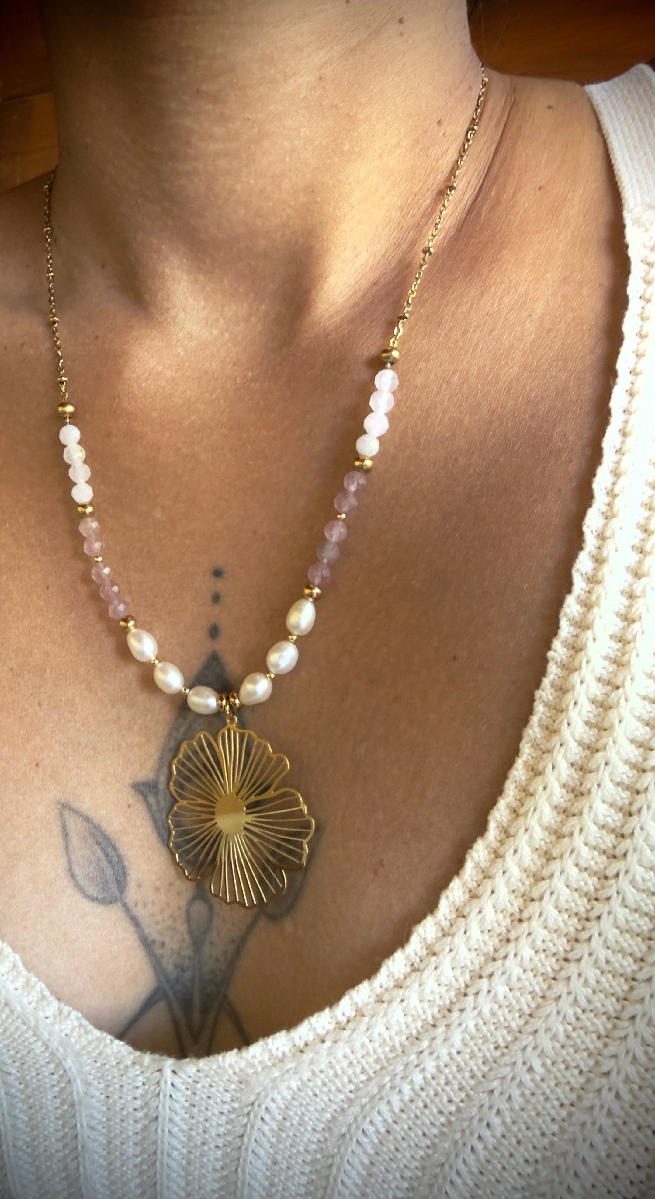 🌸 Collier Éloria - Quartz rose - Quartz Fraise - Perles d'eau douce