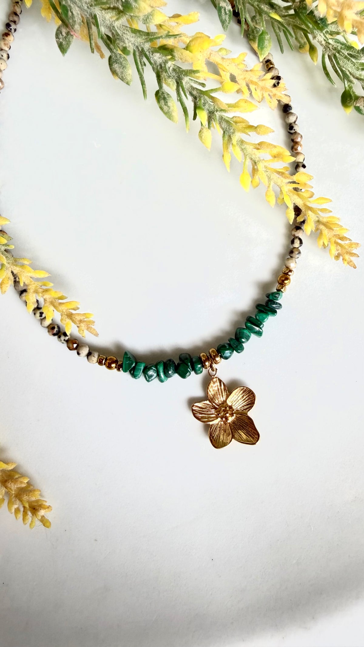 Collier Malachite & Jaspe Dalmatien – Mini Fleur
