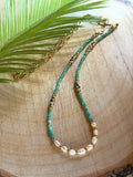 Chaîne de taille naturelle – Amazonite, jaspe dalmatien et perles d’eau douce