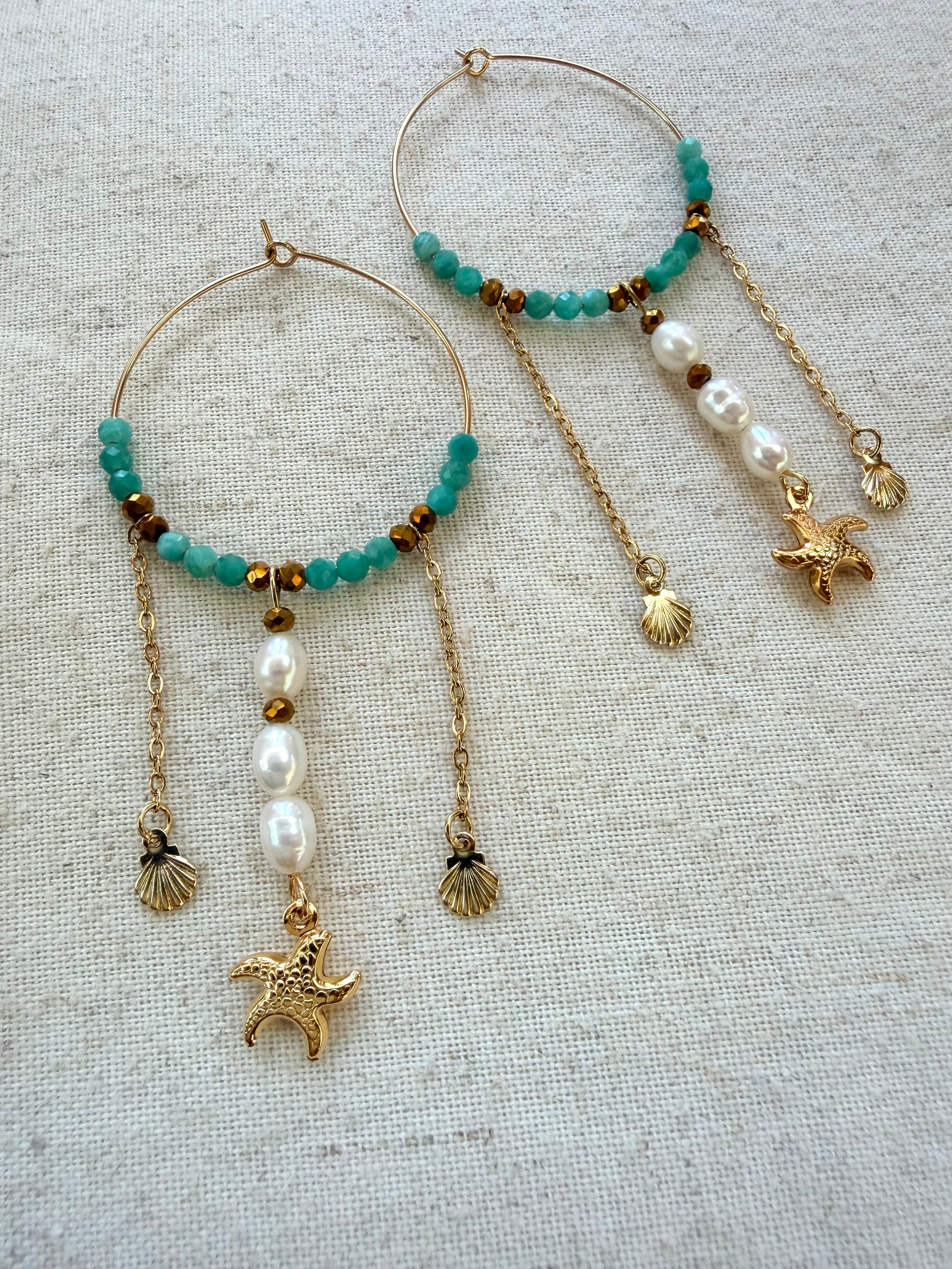 Boucles d’oreilles Caly-Amazonite naturelle, perle d’eau douce et acier inoxydable