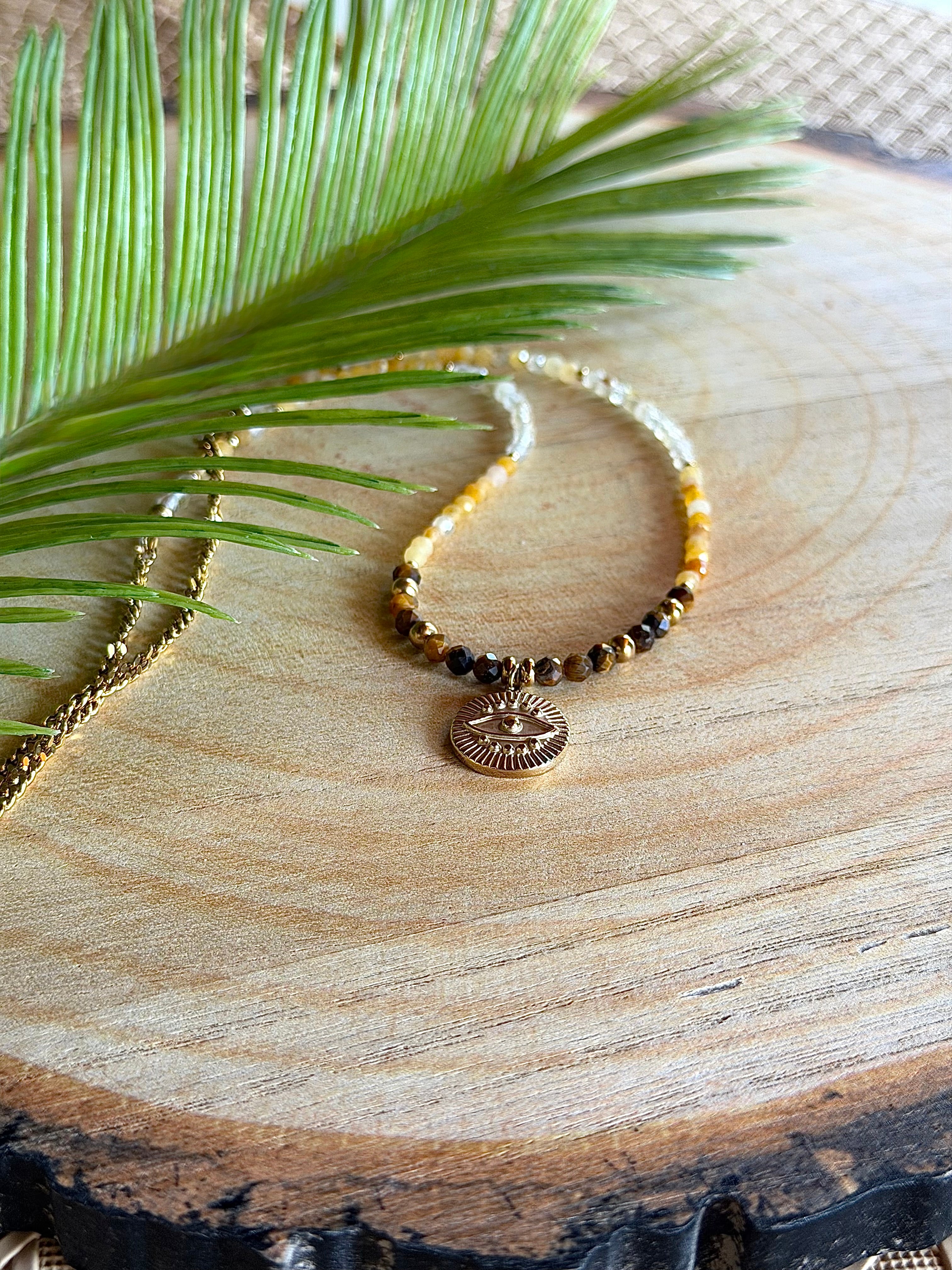Chaîne de taille talisman – Aventurine jaune, quartz rutile et œil de tigre