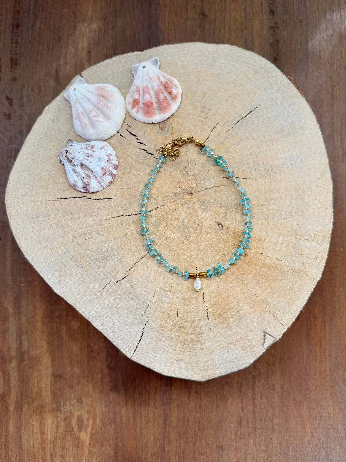 Chaîne de Cheville Apatite Bleue & Perle d’Eau Douce