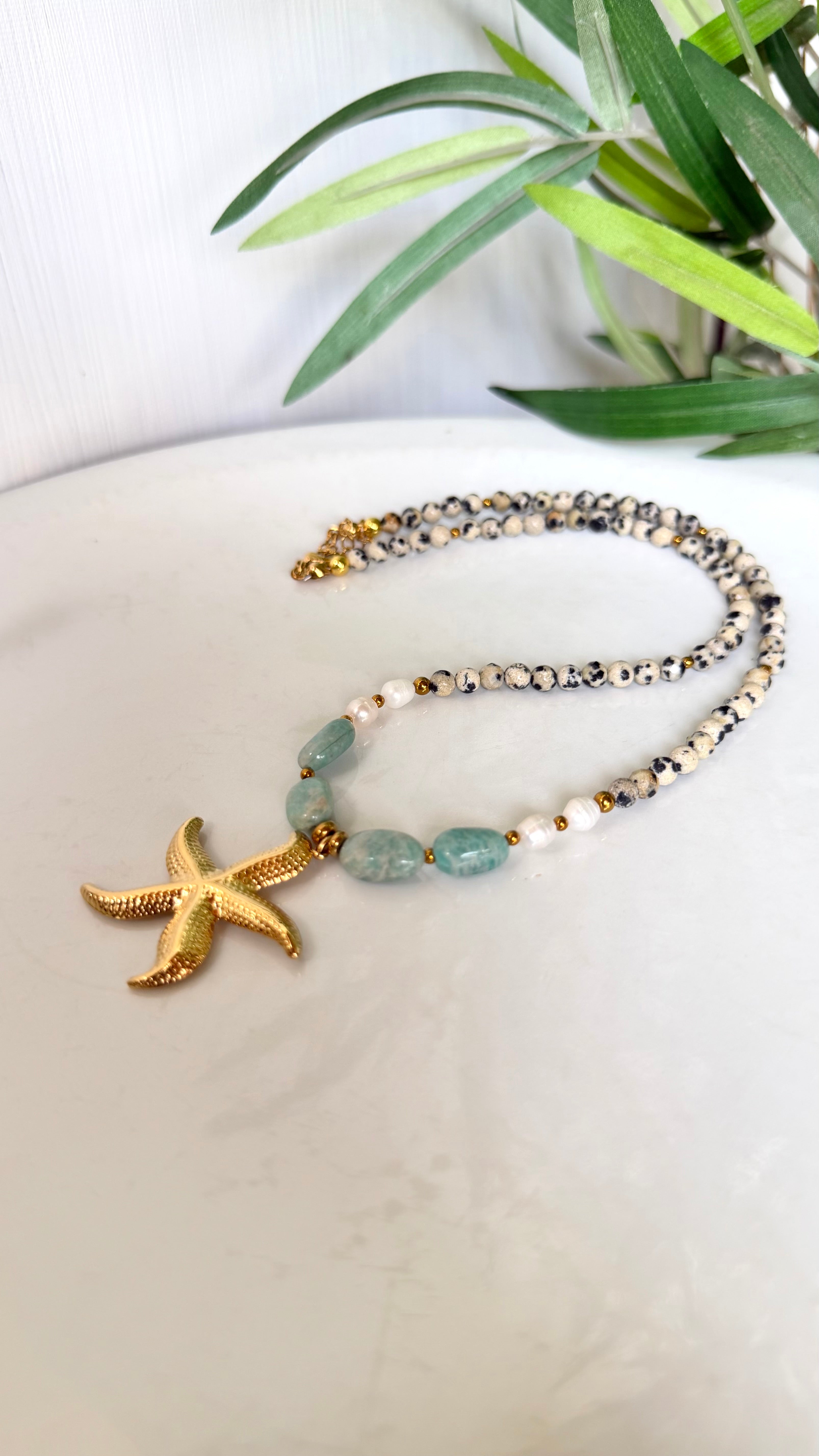 Collier Amazonite, Jaspe Dalmatien & Perles d’Eau Douce