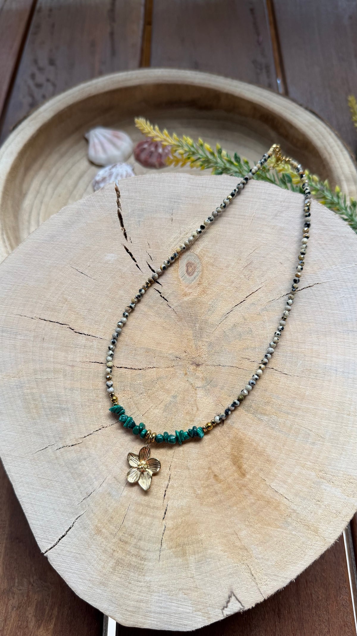 Collier Malachite & Jaspe Dalmatien – Mini Fleur