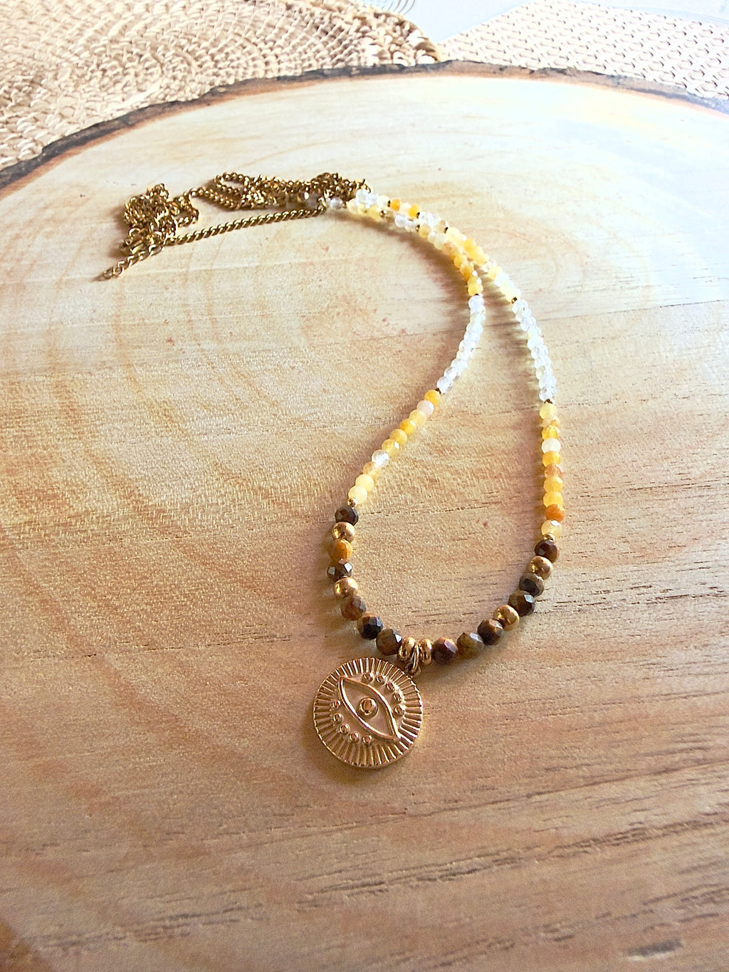 Chaîne de taille talisman – Aventurine jaune, quartz rutile et œil de tigre