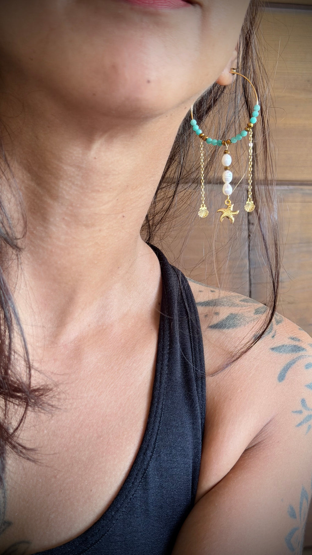 Boucles d’oreilles Caly-Amazonite naturelle, perle d’eau douce et acier inoxydable