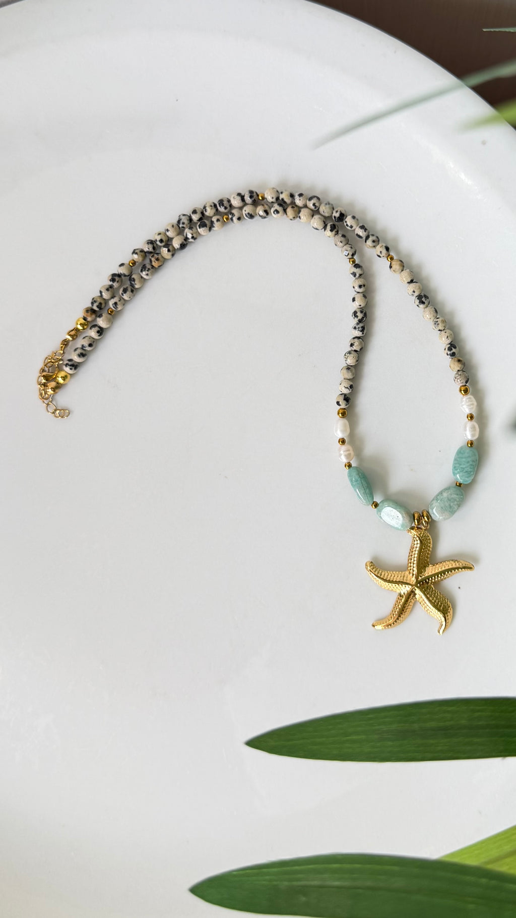 Collier Amazonite, Jaspe Dalmatien & Perles d’Eau Douce