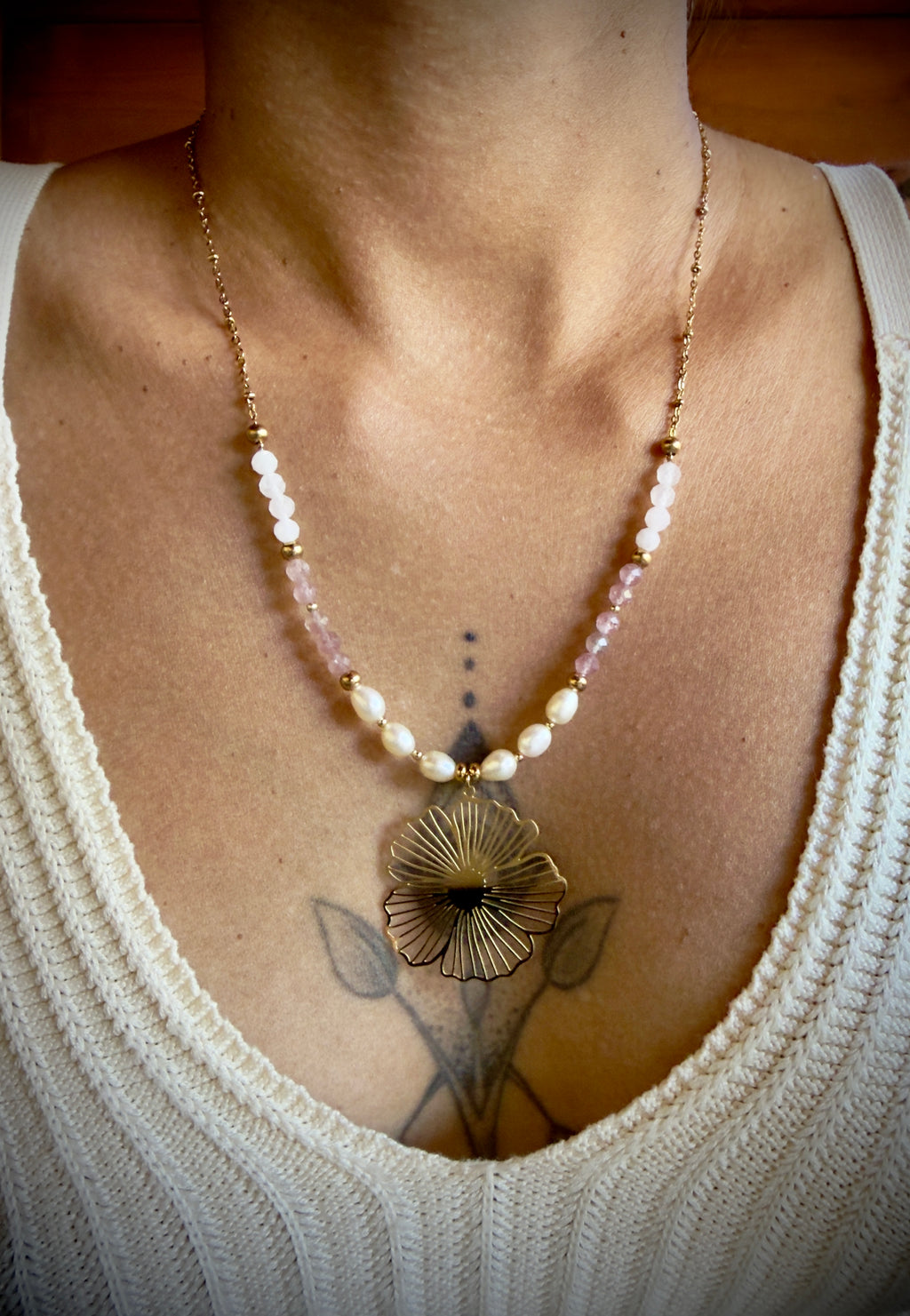 🌸 Collier Éloria - Quartz rose - Quartz Fraise - Perles d'eau douce