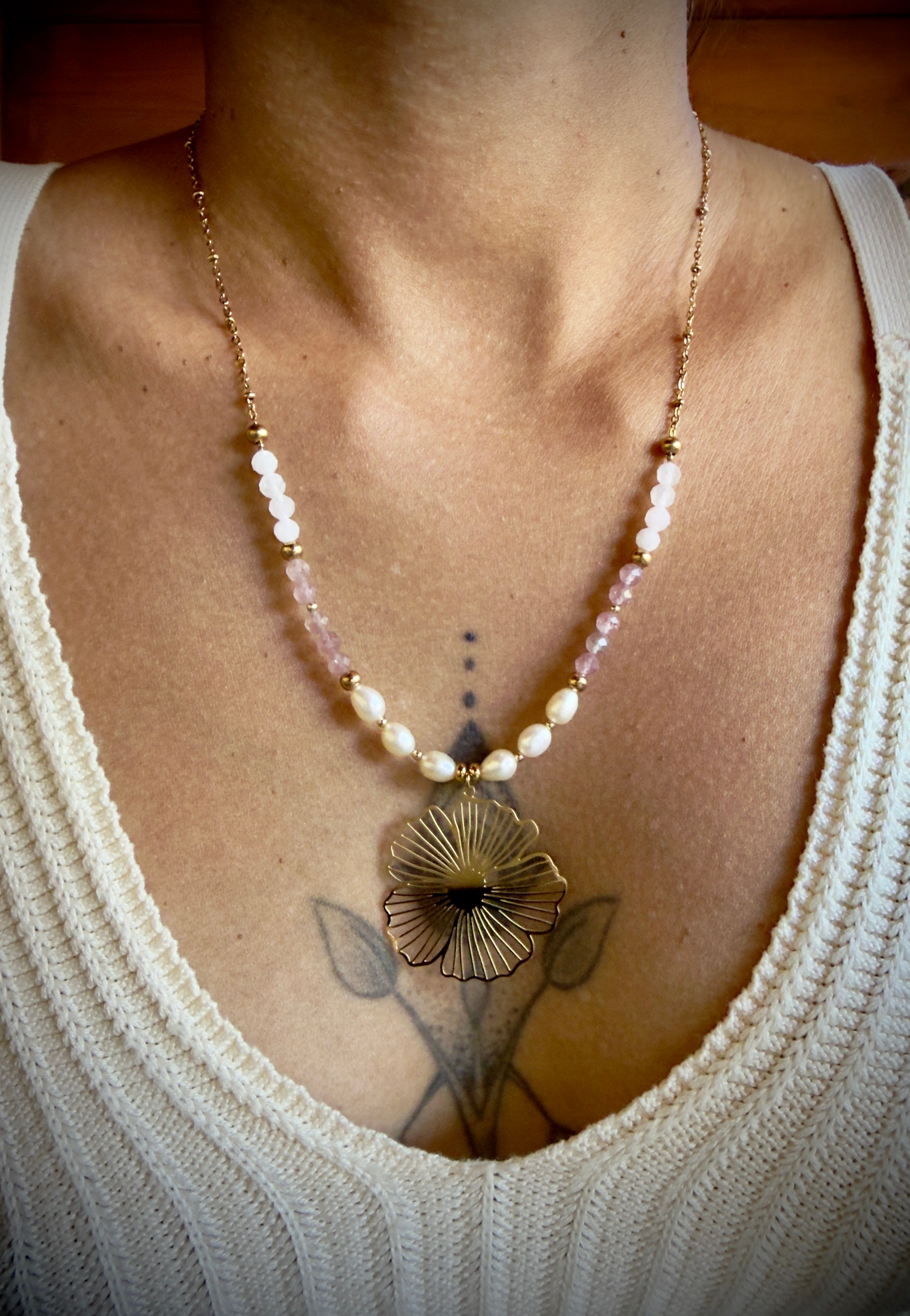 🌸 Collier Éloria - Quartz rose - Quartz Fraise - Perles d'eau douce