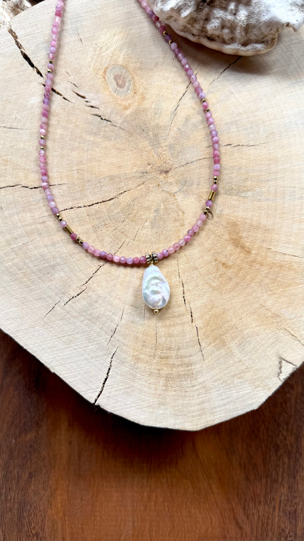 Collier Tourmaline rose & Perle d’eau douce baroque