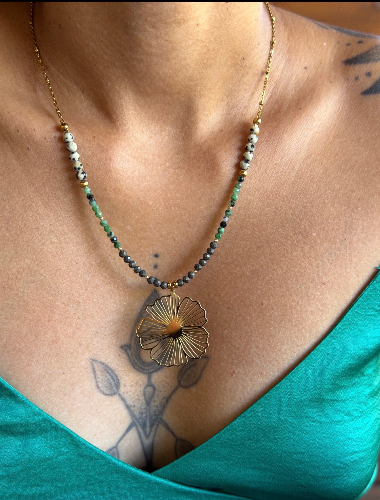 Collier Lyséa - Jaspe Dalmatien - Zoïsite - Pyrite