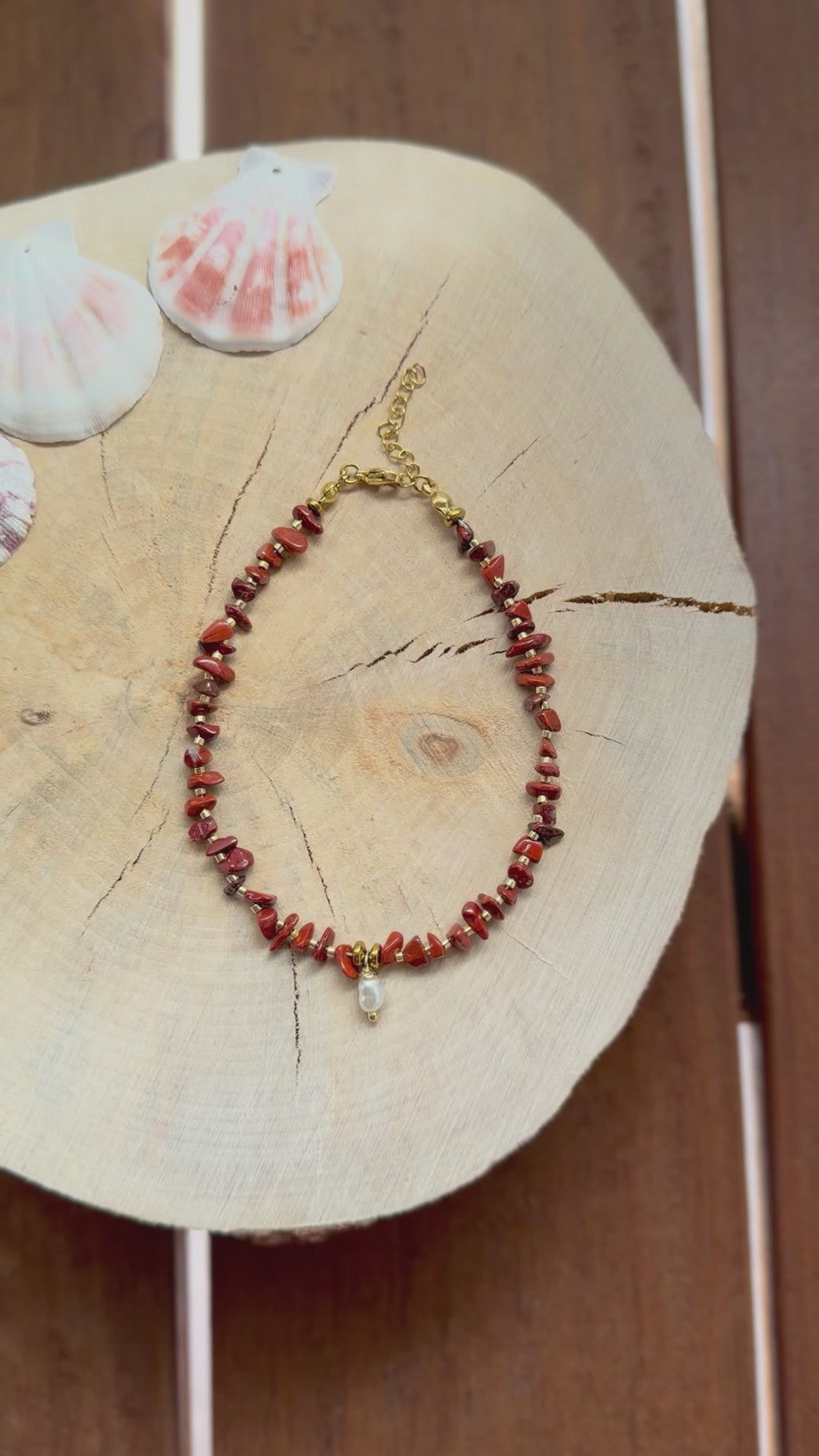 Chaîne de Cheville Jaspe Rouge & Perles d’Eau Douce