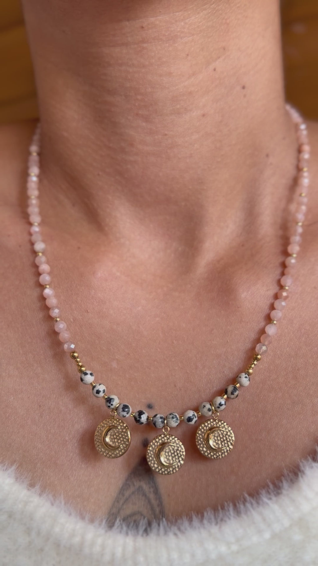 Collier Luna - Pierre de lune orange et jaspe dalmatien